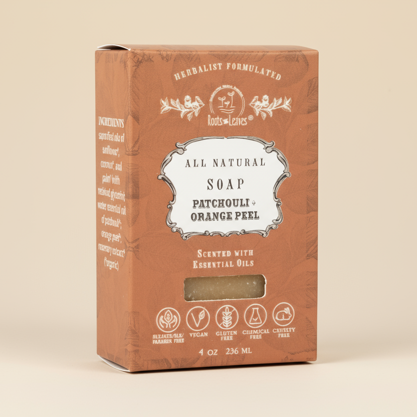 Box of all natural soap with branding and product details on a white background