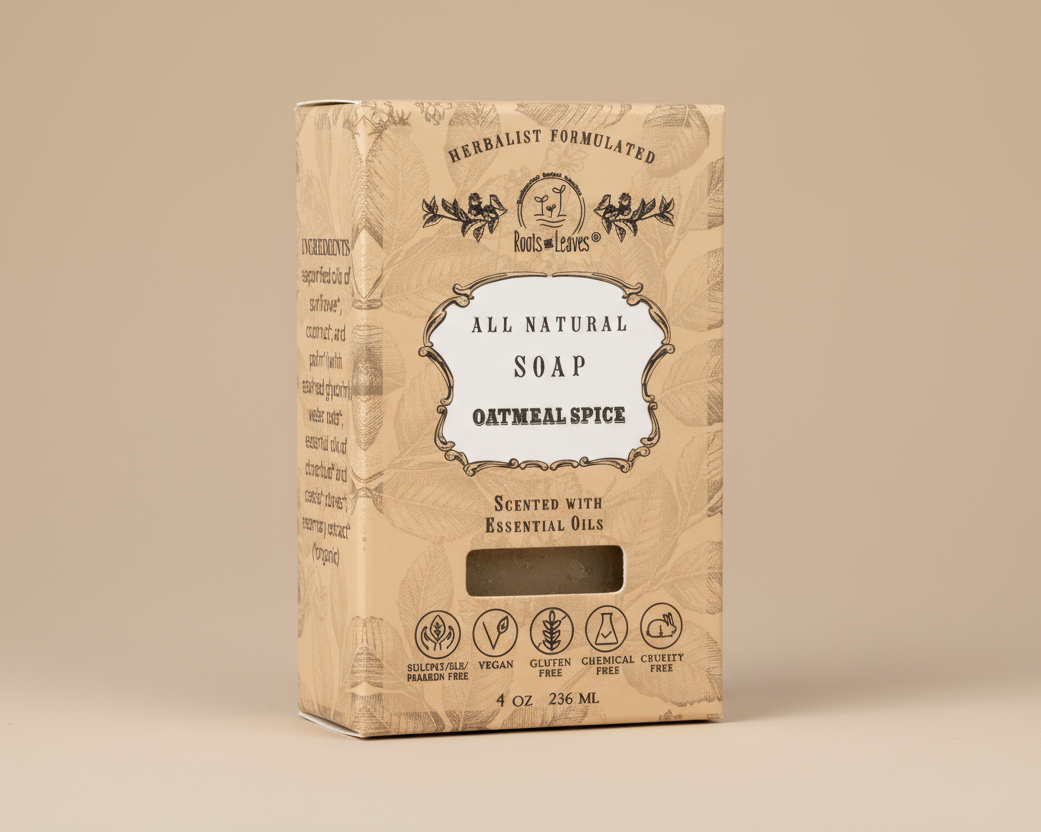 All natural oatmeal spice soap packaging on a white background