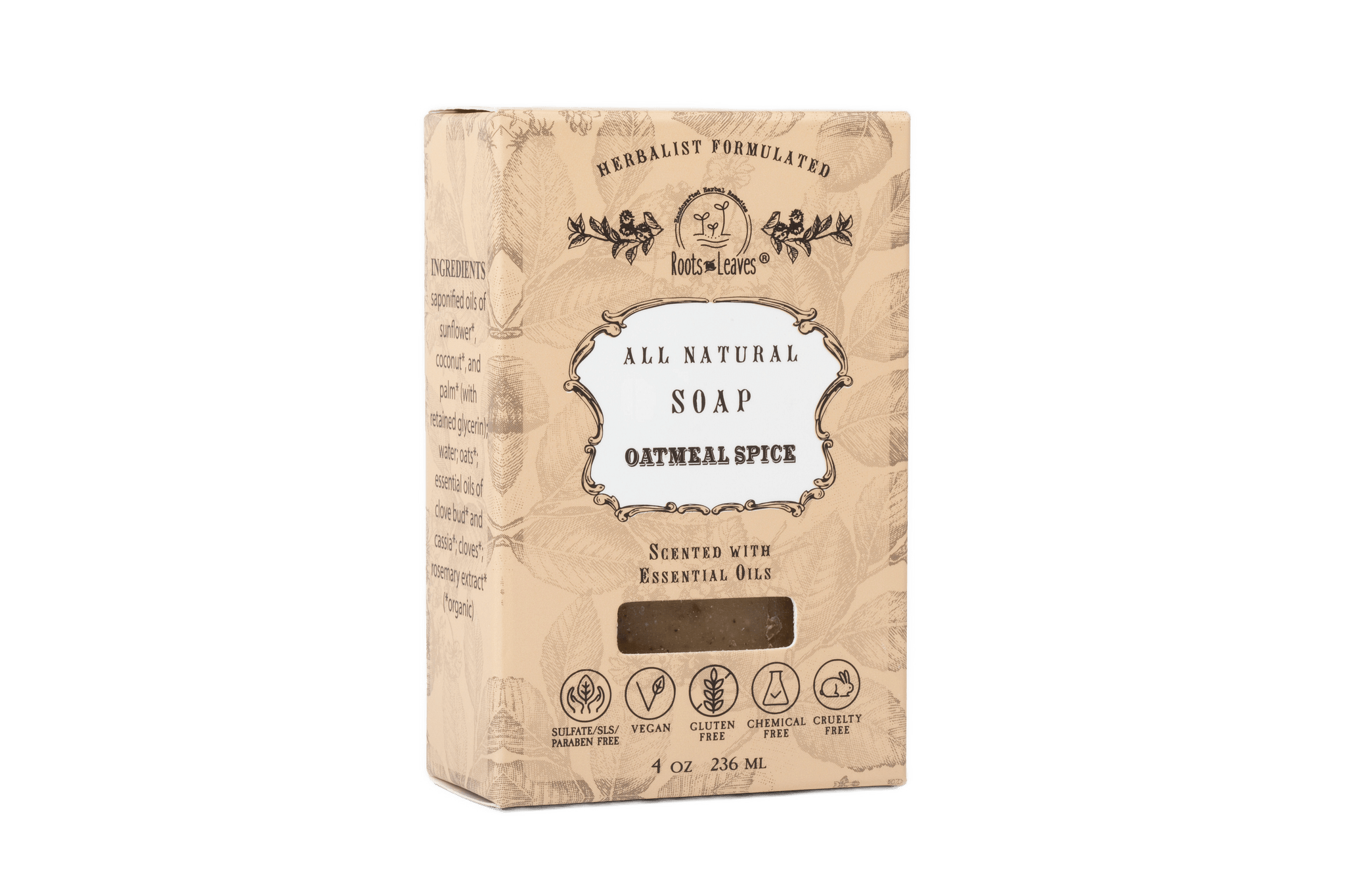 All natural oatmeal spice soap packaging on a white background