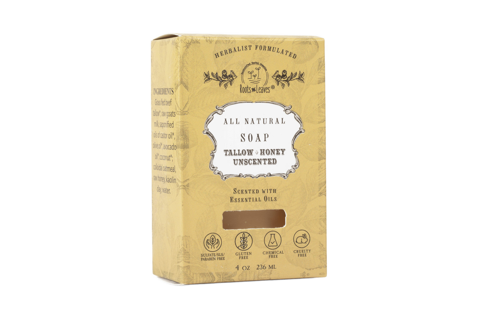 Box of all natural soap with branding and product details on a white background