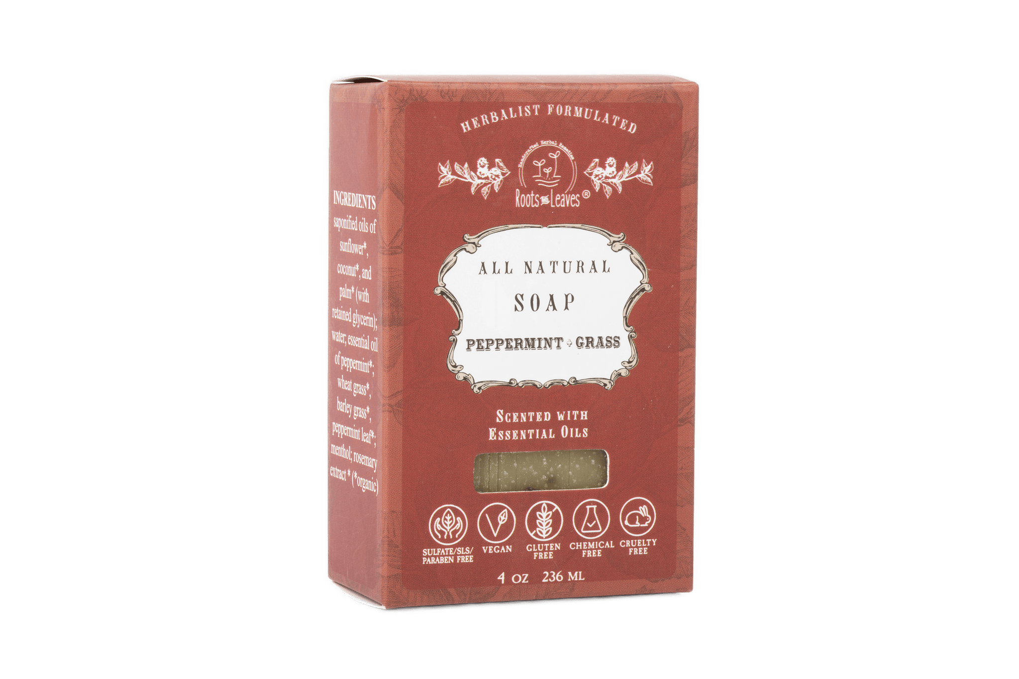 Red box of all natural peppermint grass soap on a beige background