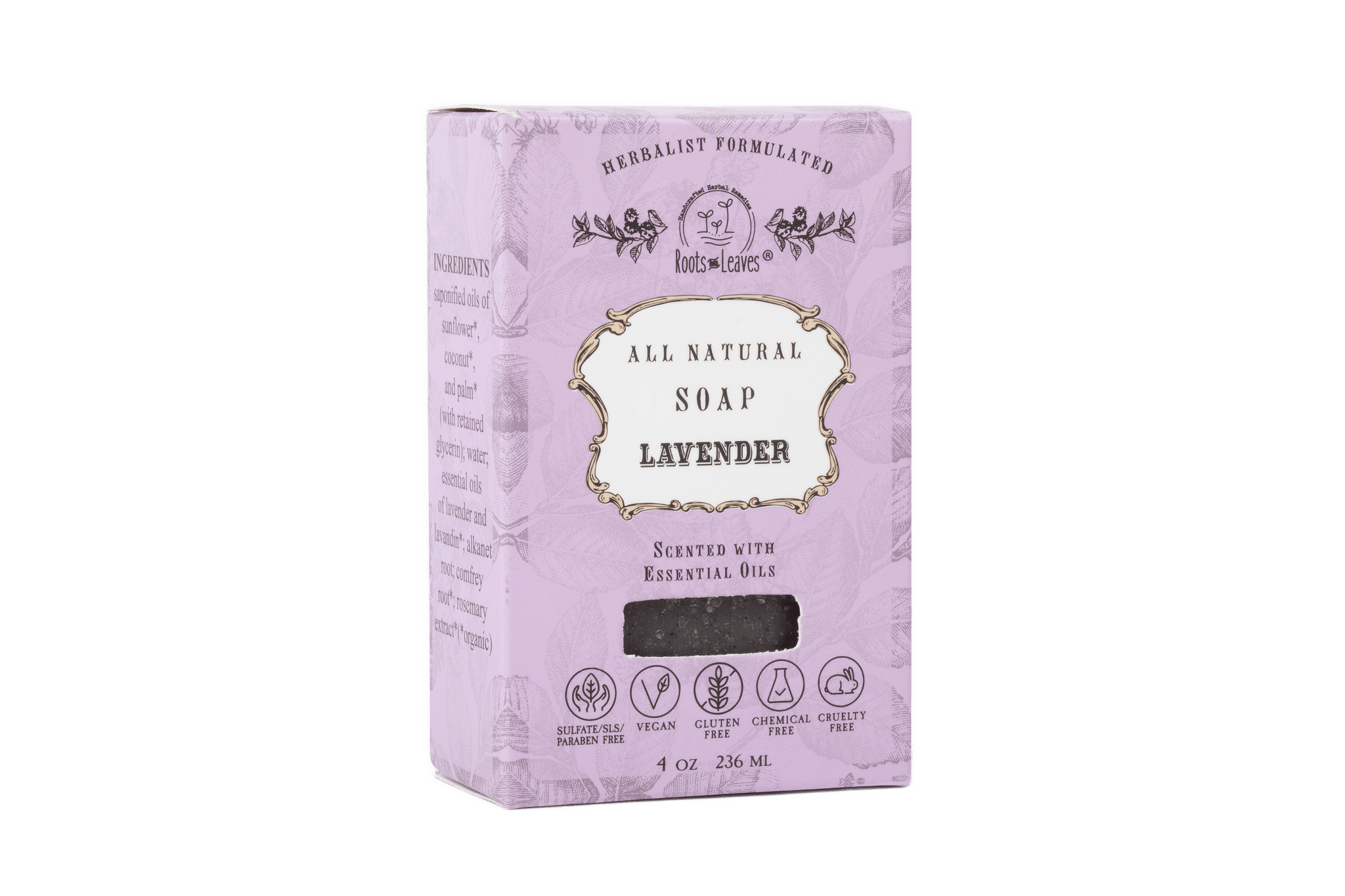 Box of all natural lavender soap on a white background
