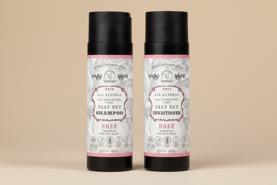 Two bottles of All-Natural Shea Nut Shampoo and Conditioner with rose scent on a white background.