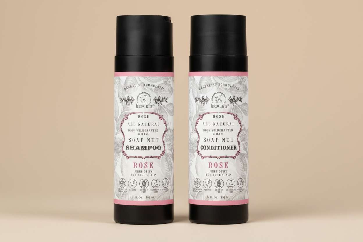 Two bottles of All-Natural Shea Nut Shampoo and Conditioner with rose scent on a white background.