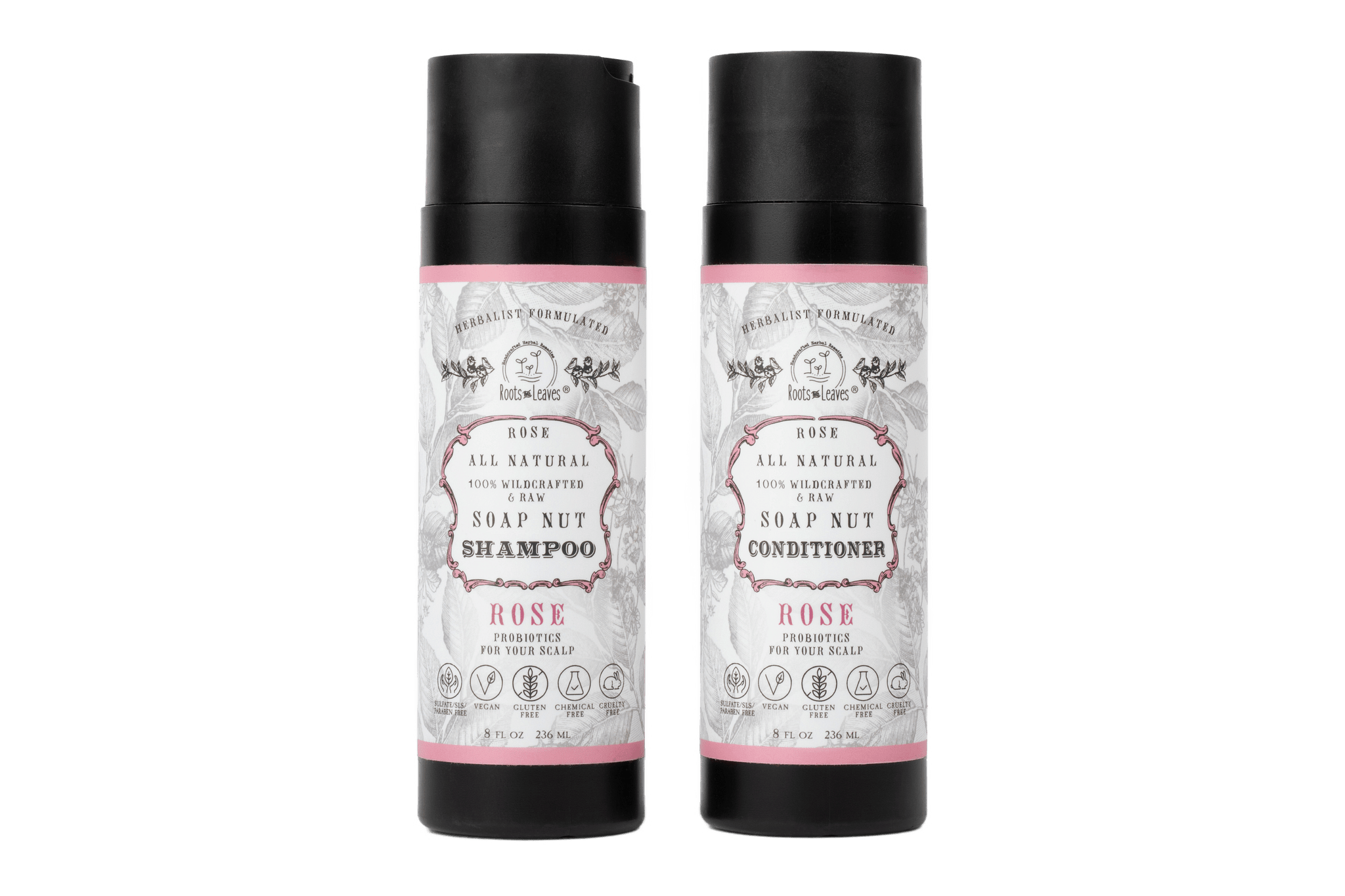 Two bottles of All-Natural Shea Nut Shampoo and Conditioner with rose scent on a white background.