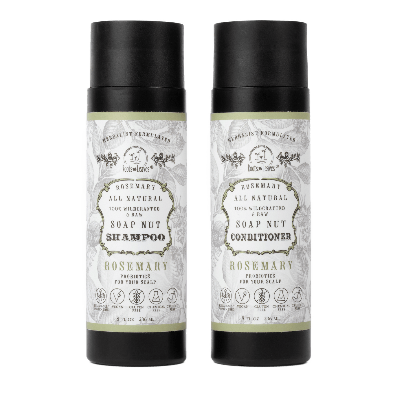 Two black cylindrical bottles of Rosemary All Natural Soap Nut Shampoo and Soap Nut Conditioner with white labels, shown side by side on a white background.