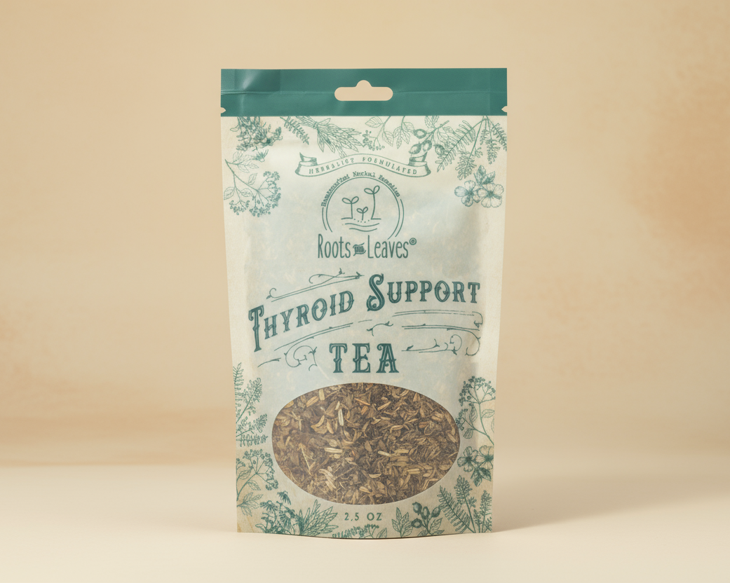 Package of thyroid support tea with branding on a white background