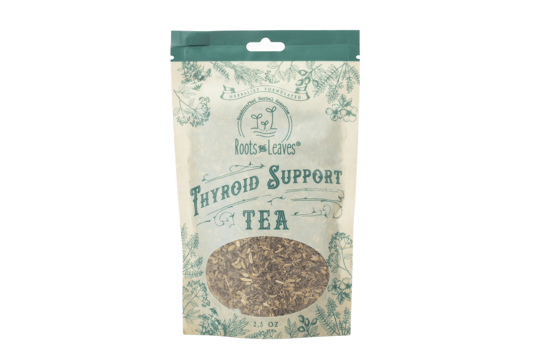 Package of thyroid support tea with branding on a white background