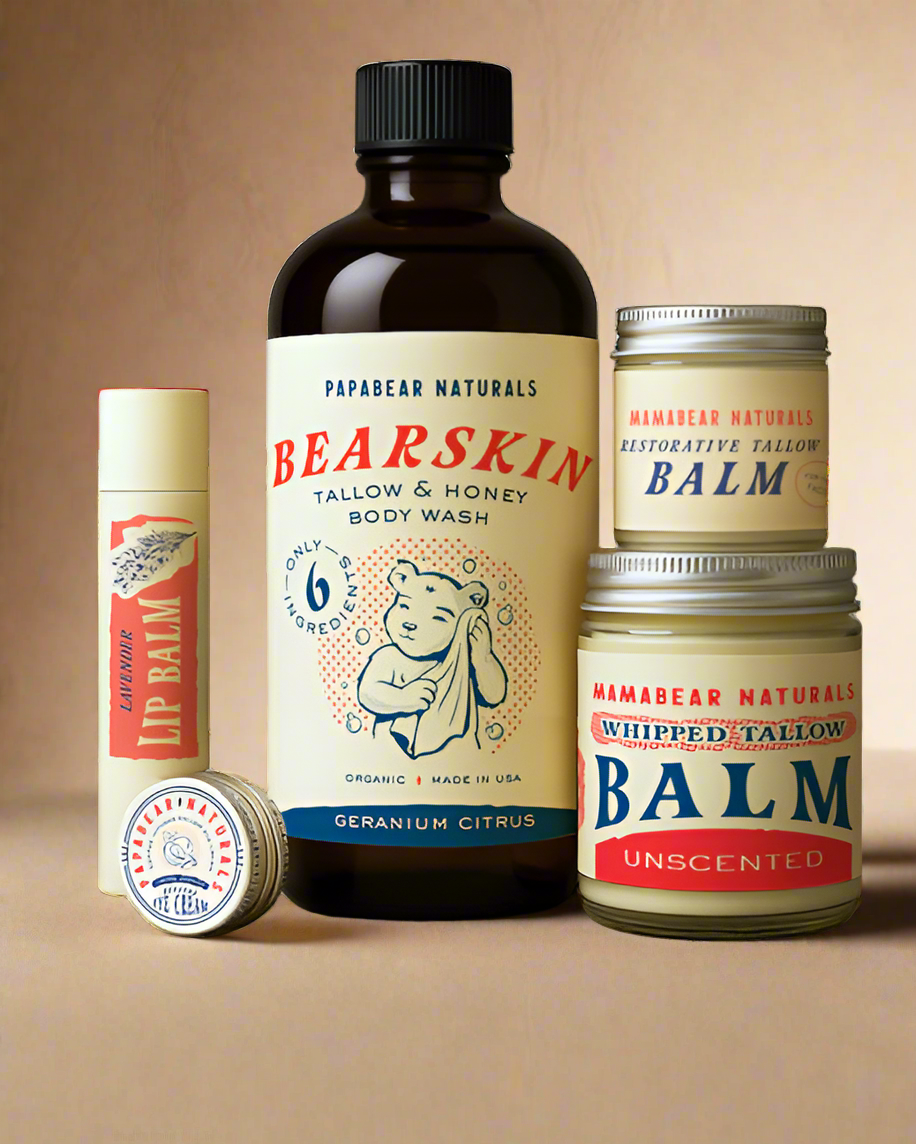 Collection of Papabear Naturals skincare products including body wash, balms, and lip balm on a white background.