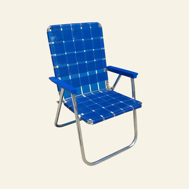 A blue woven mesh beach chair with a chrome metal frame, shown from a three-quarter angle on a white background.