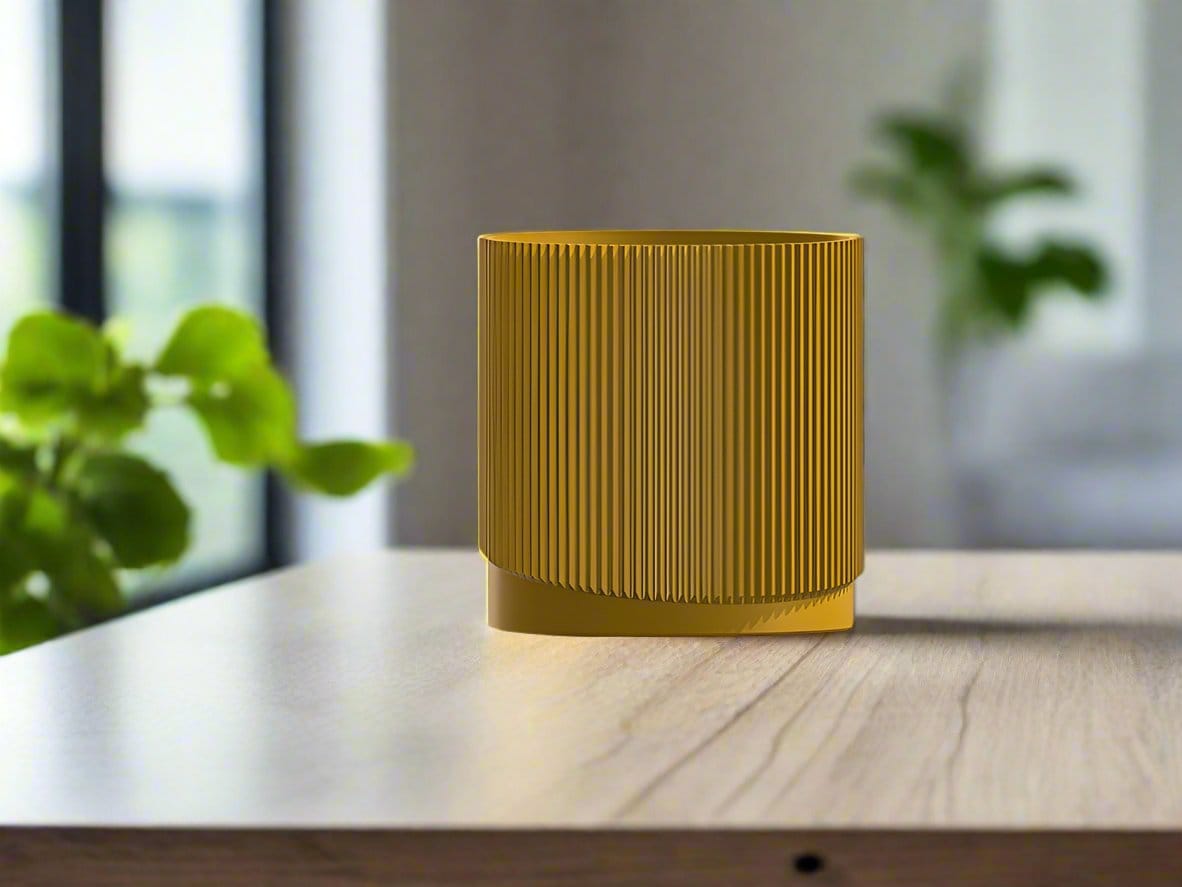 Rosebud HomeGoods Mustard / 4 Inch + Drip Tray Mid-Century Ribbed Planter with Drainage and Saucer in Multiple Colors, 3D Printed Planter with Unique Modern Design, Lightweight, Wave