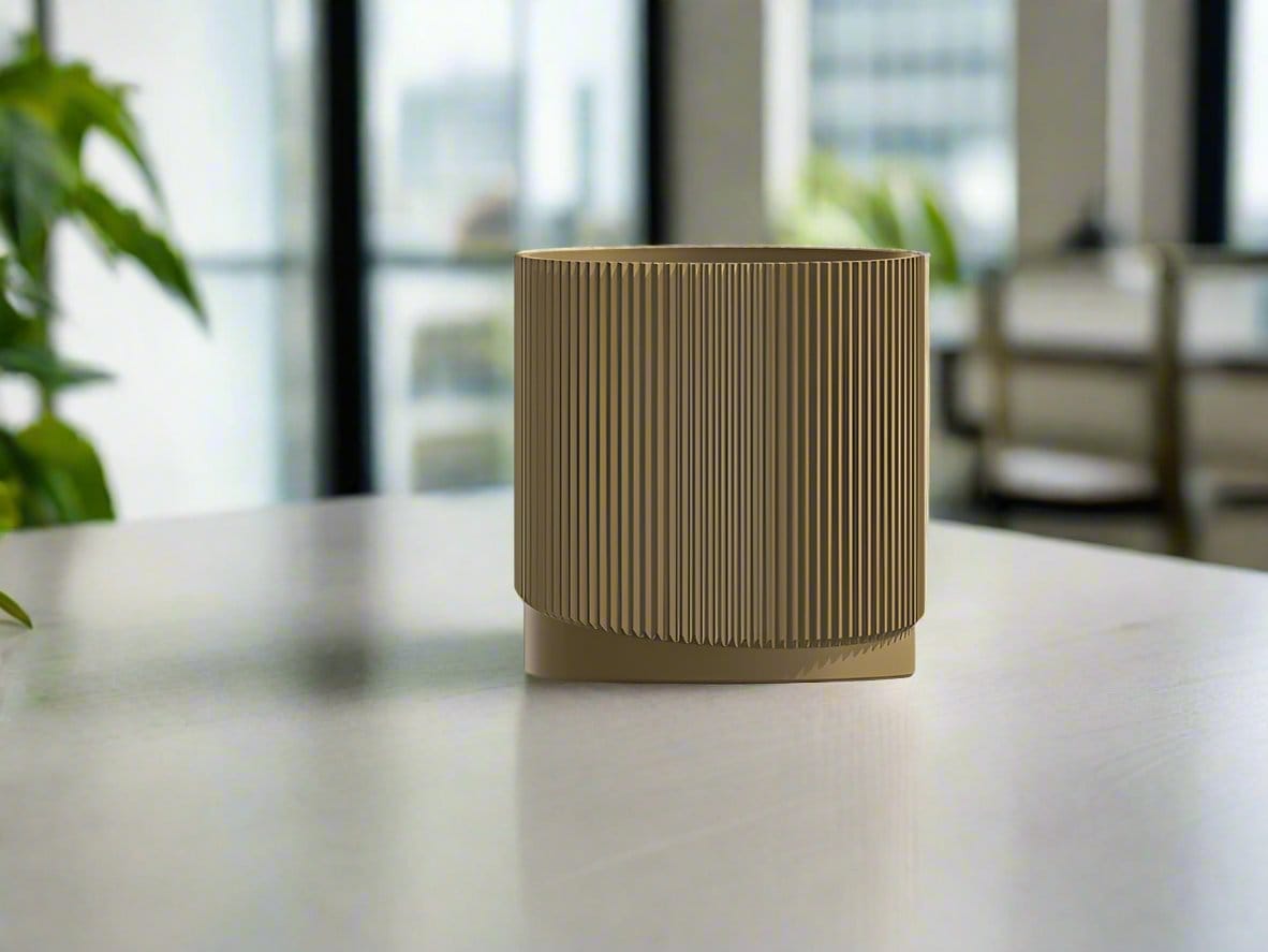 Rosebud HomeGoods Beige / 4 Inch + Drip Tray Mid-Century Ribbed Planter with Drainage and Saucer in Multiple Colors, 3D Printed Planter with Unique Modern Design, Lightweight, Wave