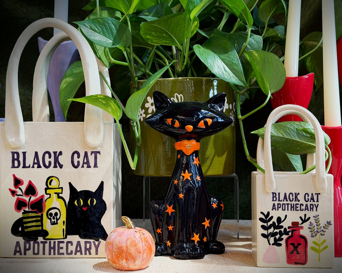 Black Cat Apothecary Tote Bag Vase Featuring Handpainted Artwork