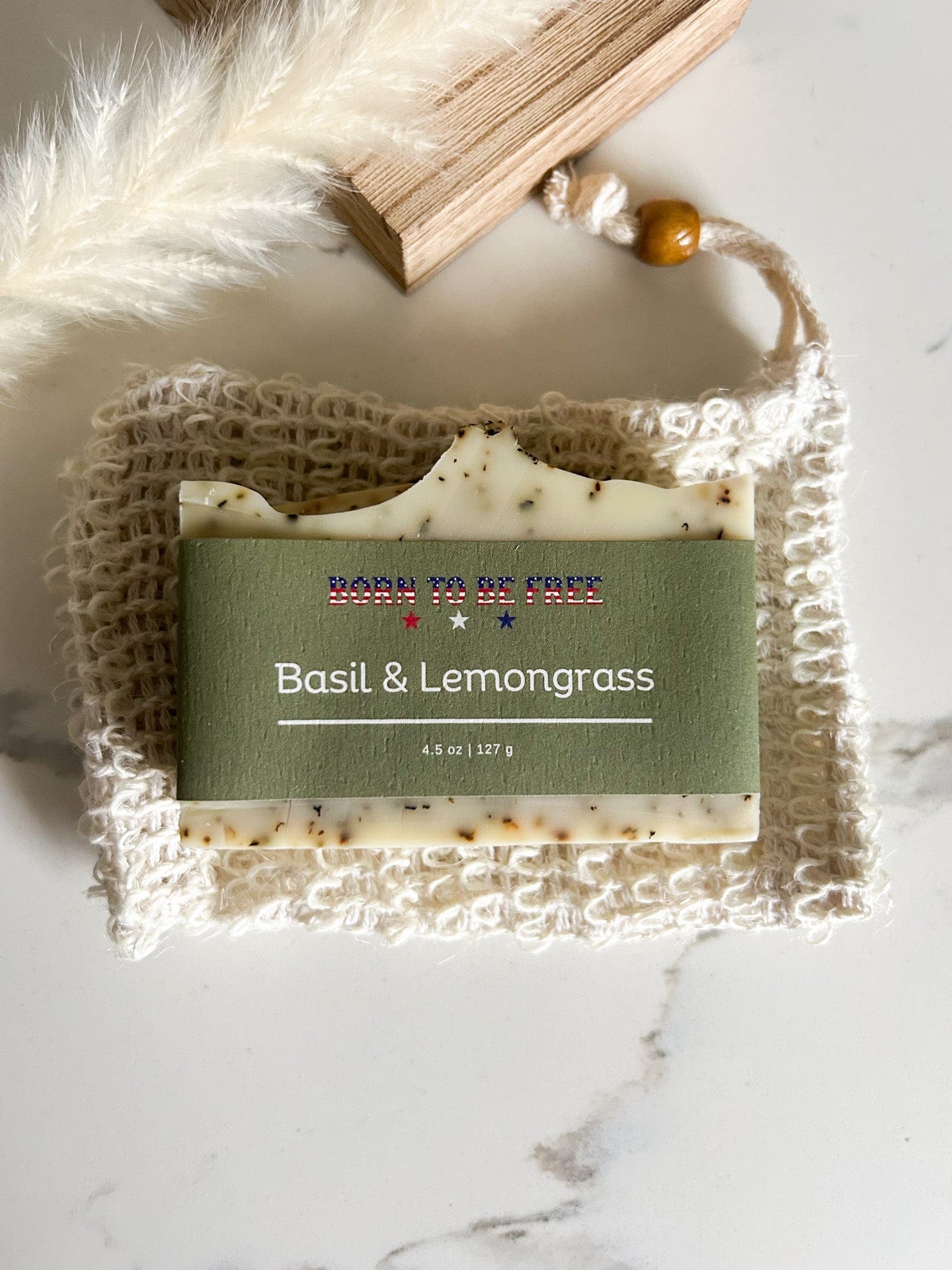 Born To Be Free soap Bar + Exfoliating Pouch Basil & Lemongrass Tallow Soap Bar
