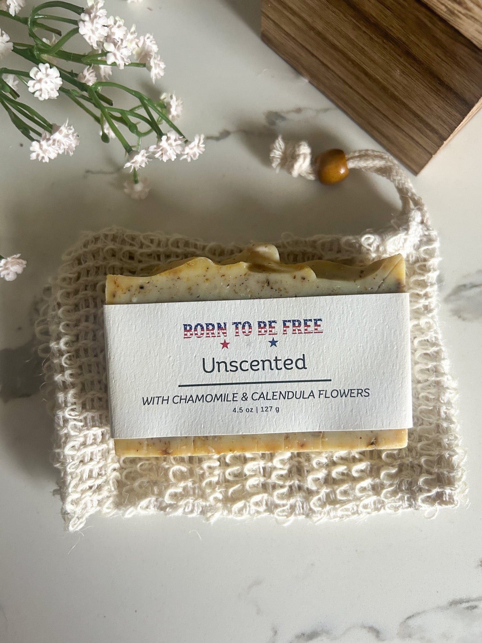 Born To Be Free Soap Bar + Exfoliating Pouch Dried Chamomile & Calendula Unscented Tallow Soap Bar