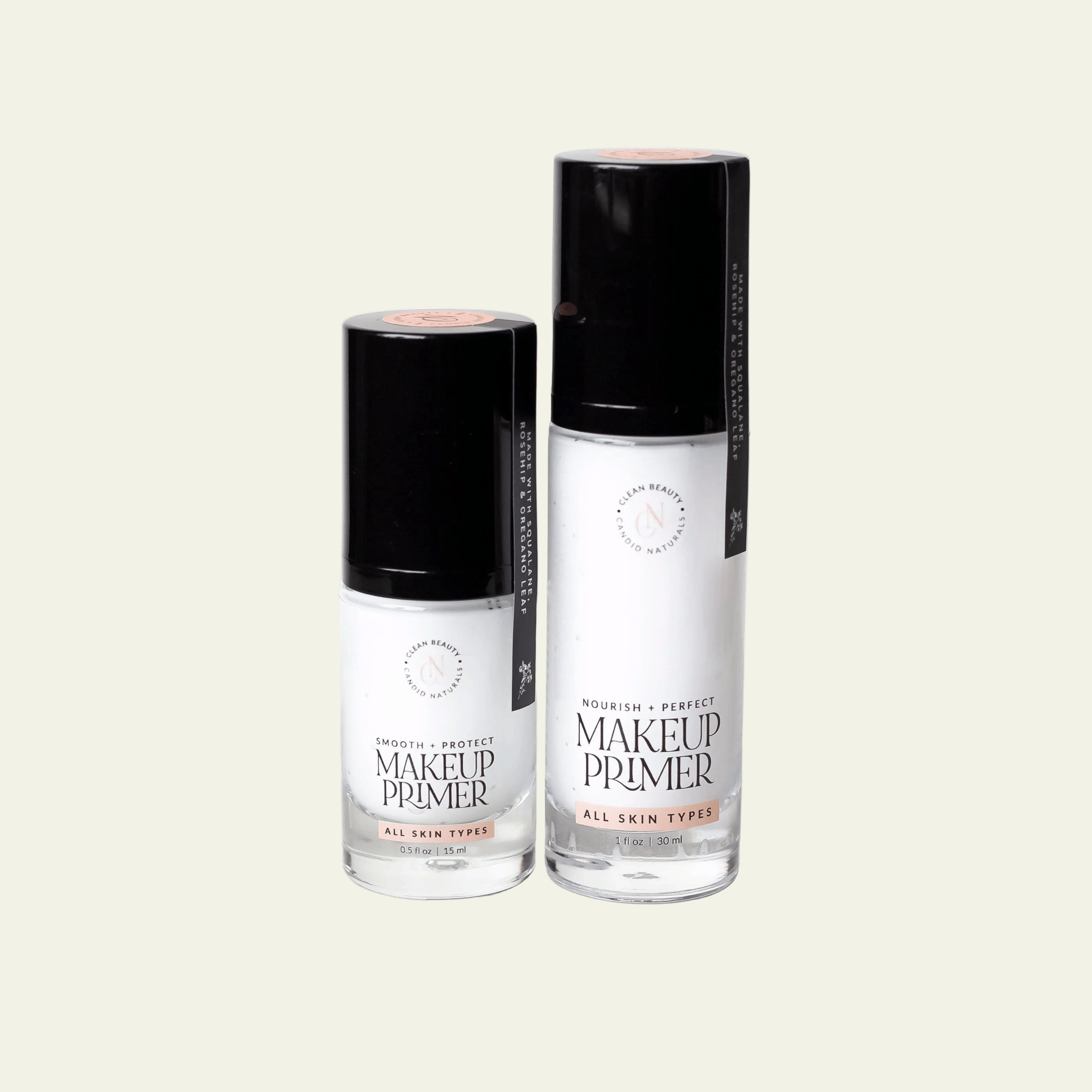 Two makeup primer bottles with black caps on a white background
