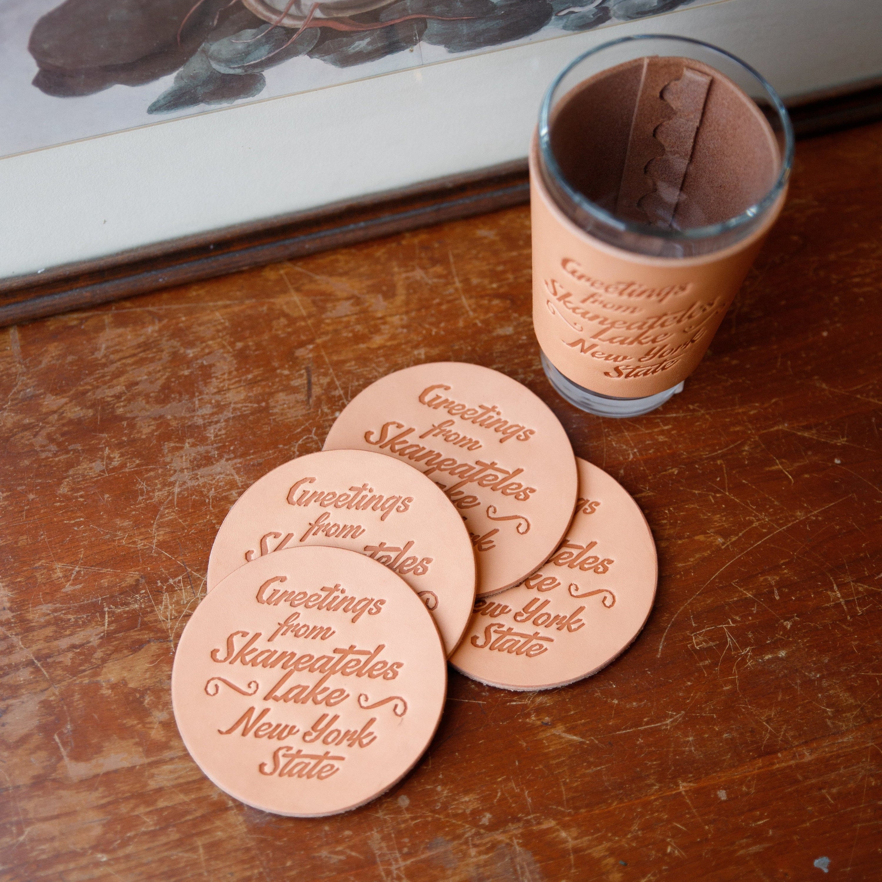 The Local Branch Leather Greeting From Skaneateles / Natural Leather Coasters