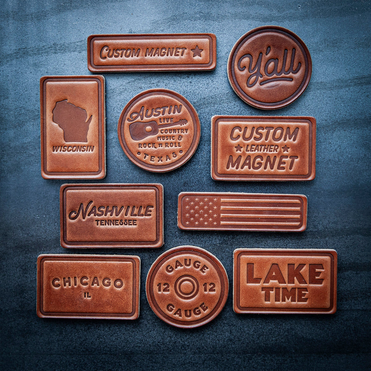Austin Texas Script Leather Magnet Block Style