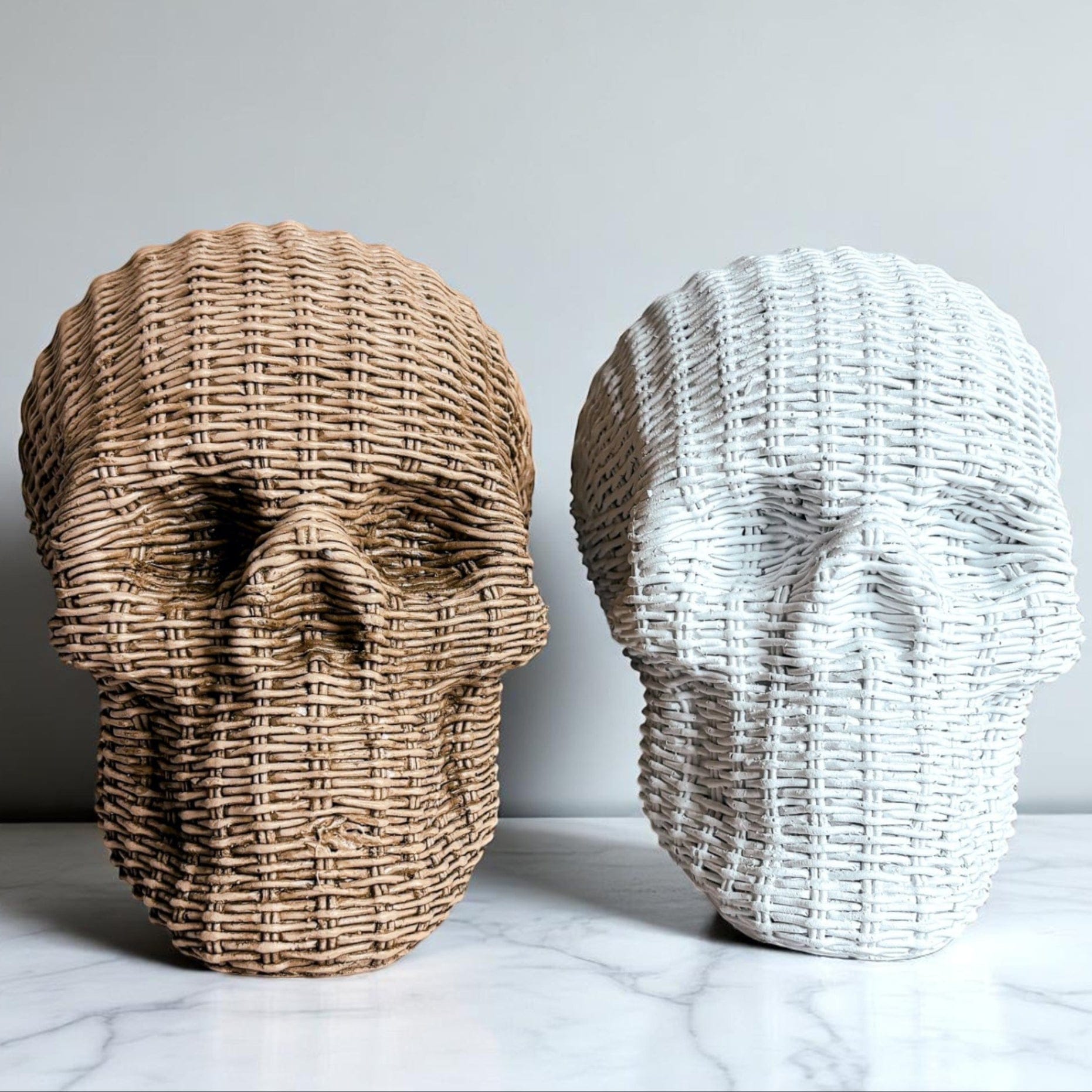 Gia Roma Basket Weave Statue Skull Me Rattan-Style Skull Decor – Natural & White Resin