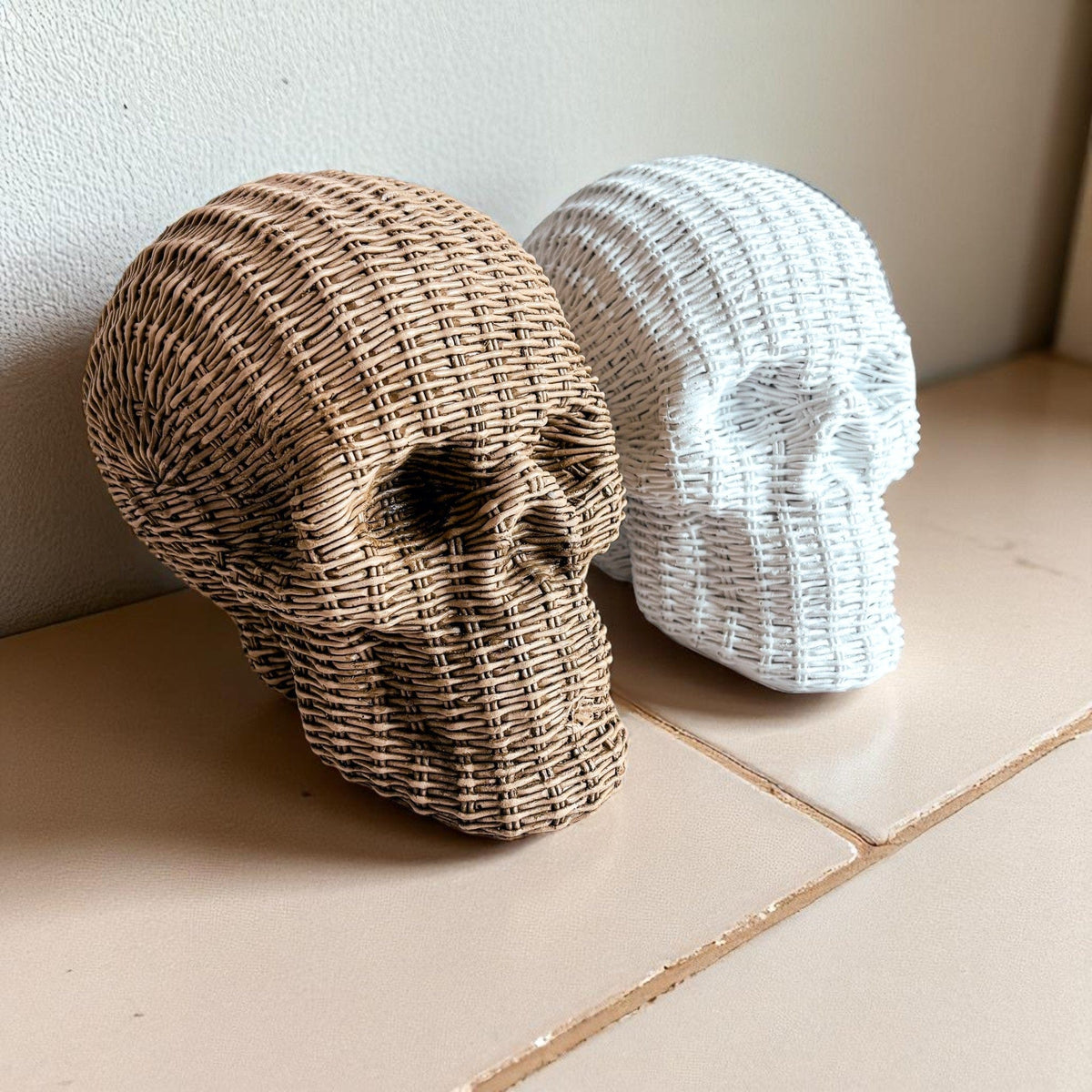 Gia Roma Basket Weave Statue Skull Me Rattan-Style Skull Decor – Natural & White Resin