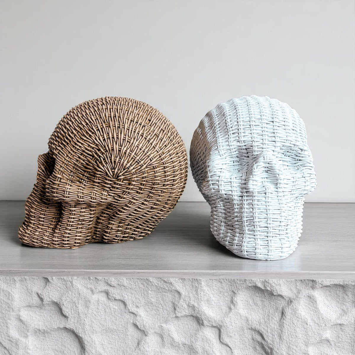 Gia Roma Basket Weave Statue Skull Me Rattan-Style Skull Decor – Natural & White Resin