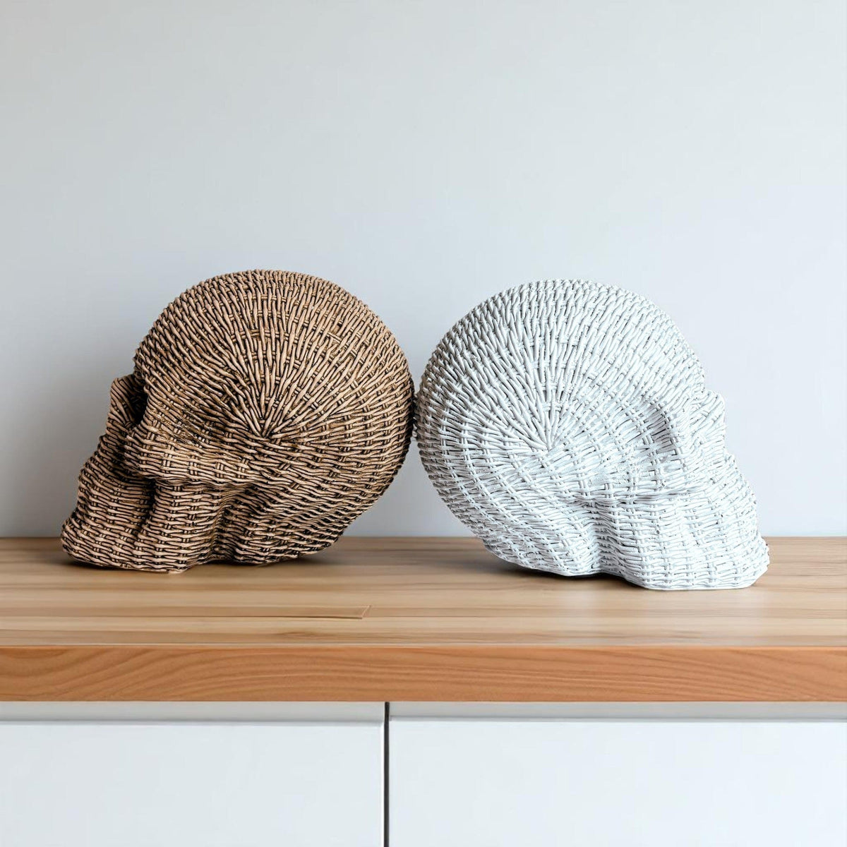 Gia Roma Basket Weave Statue Skull Me Rattan-Style Skull Decor – Natural & White Resin