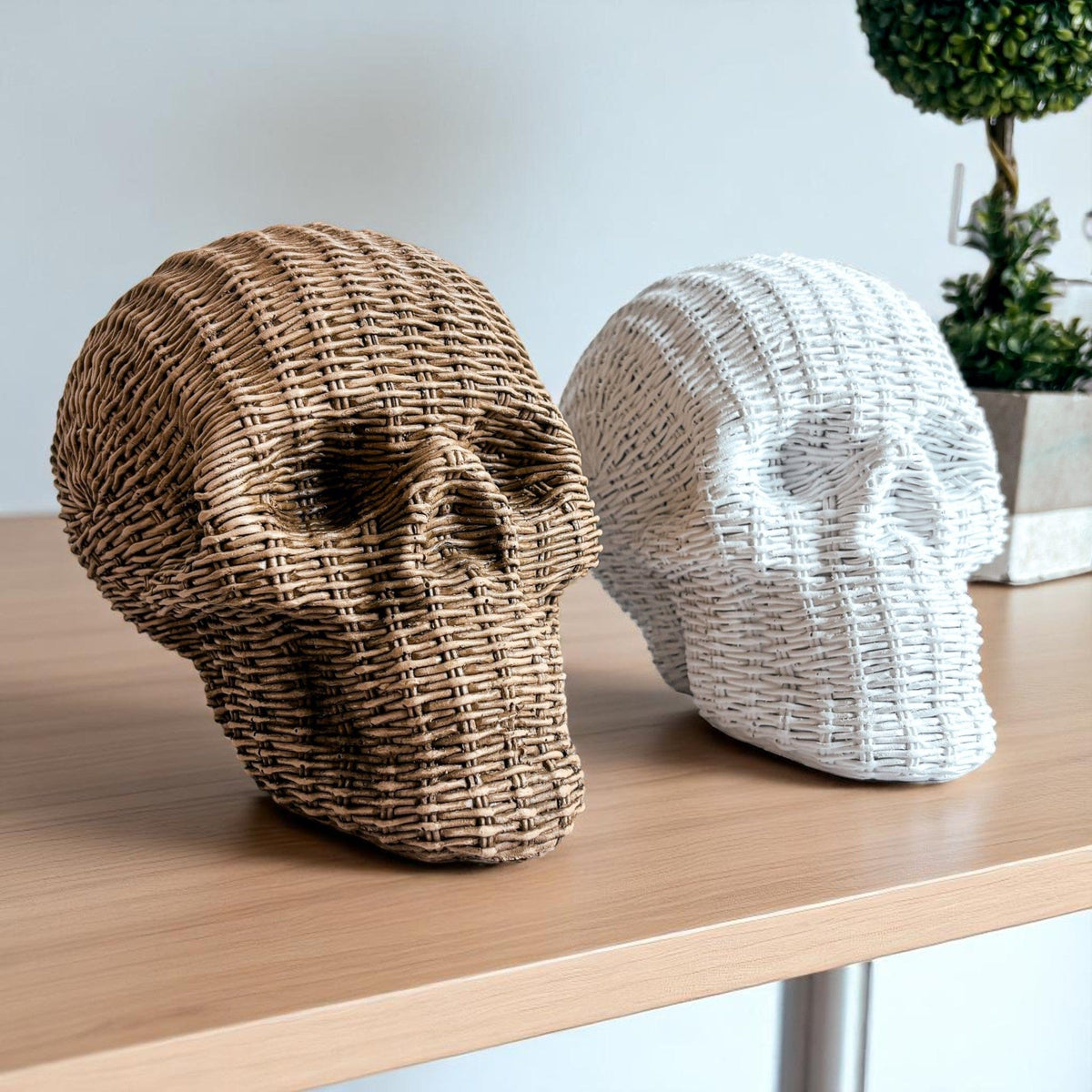 Gia Roma Basket Weave Statue Skull Me Rattan-Style Skull Decor – Natural & White Resin