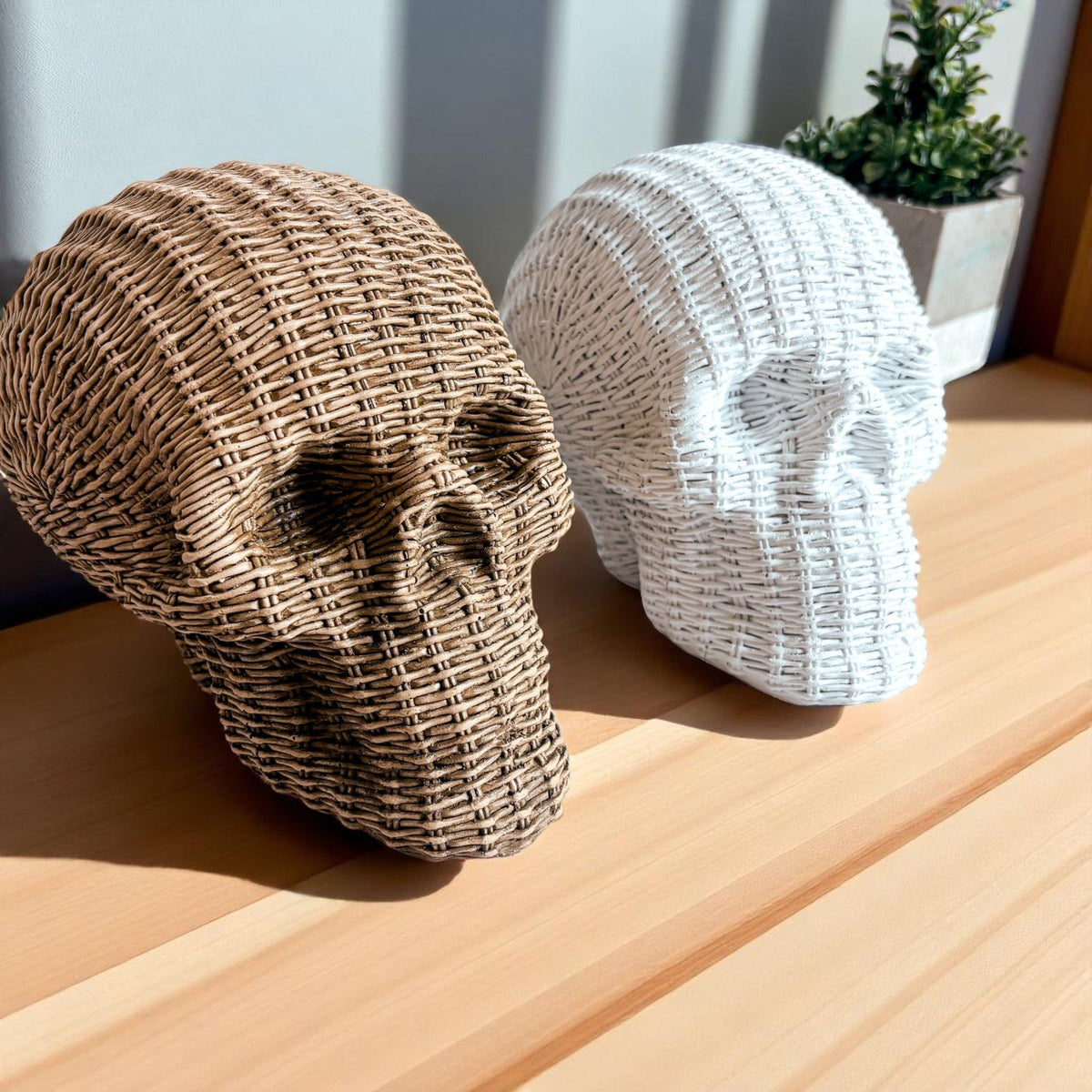 Gia Roma Basket Weave Statue Skull Me Rattan-Style Skull Decor – Natural & White Resin