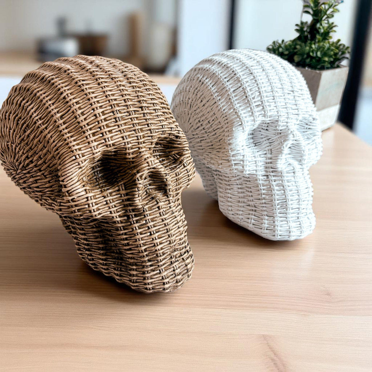 Gia Roma Basket Weave Statue Skull Me Rattan-Style Skull Decor – Natural & White Resin