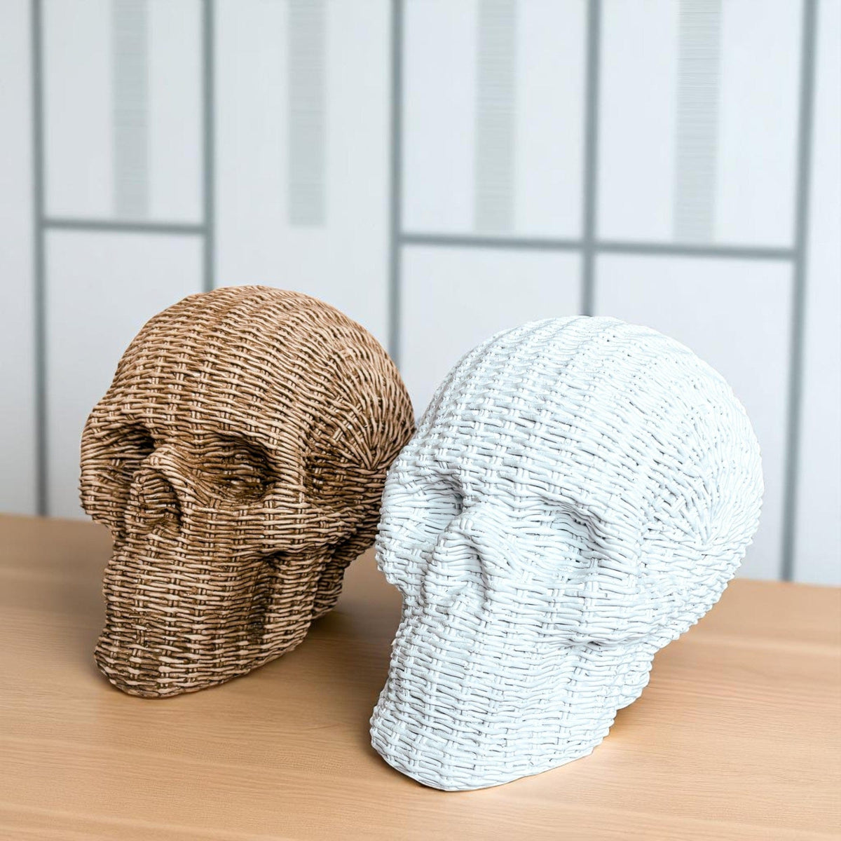 Gia Roma Basket Weave Statue Skull Me Rattan-Style Skull Decor – Natural & White Resin