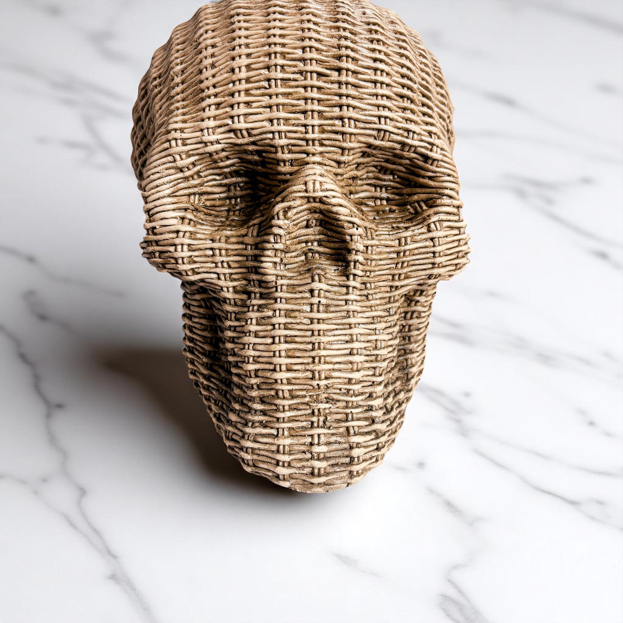 Skull Me Rattan-Style Skull Decor – Natural & White Resin