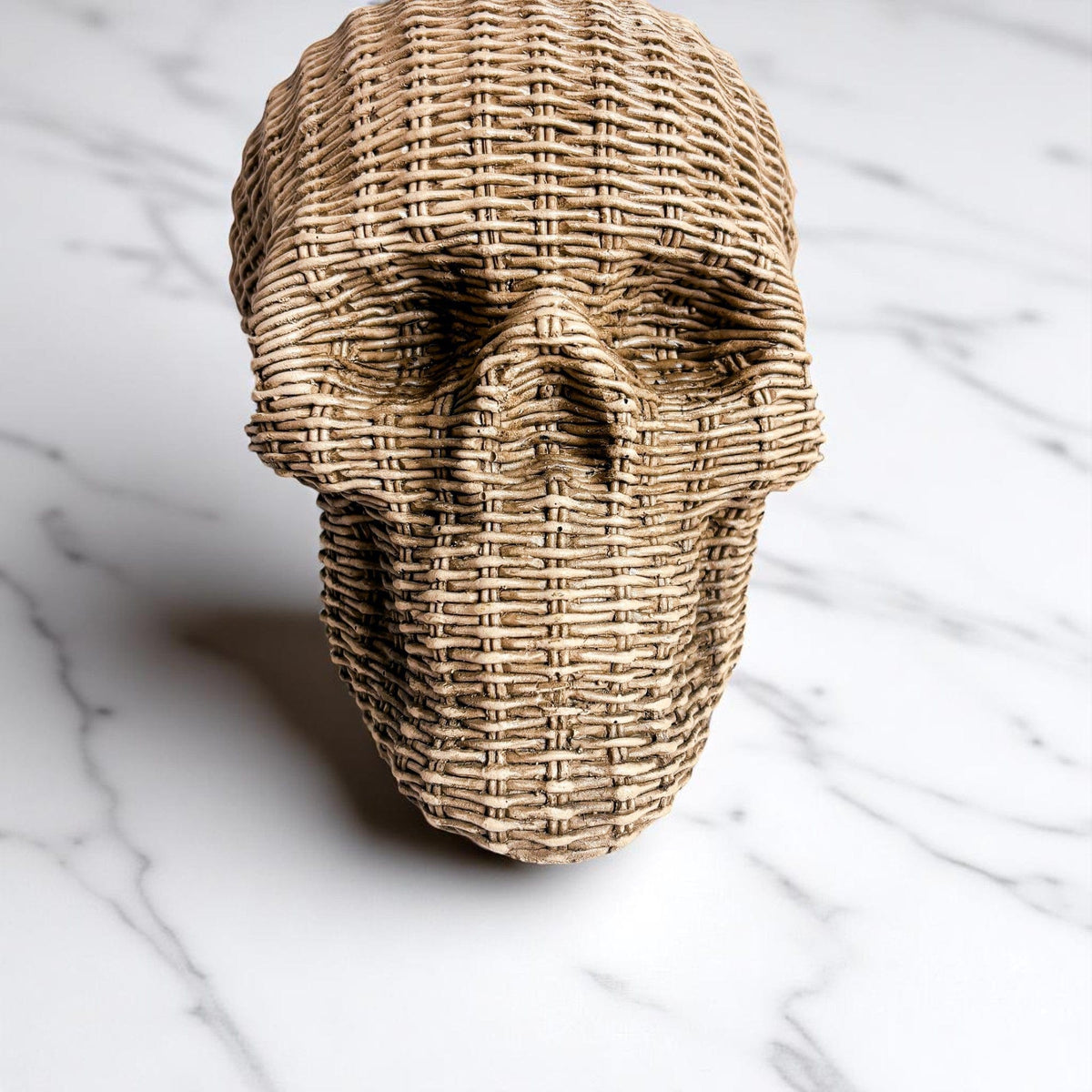 Gia Roma Basket Weave Statue Skull Me Rattan-Style Skull Decor – Natural & White Resin