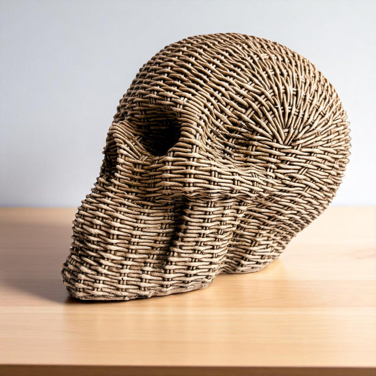 Gia Roma Basket Weave Statue Skull Me Rattan-Style Skull Decor – Natural & White Resin