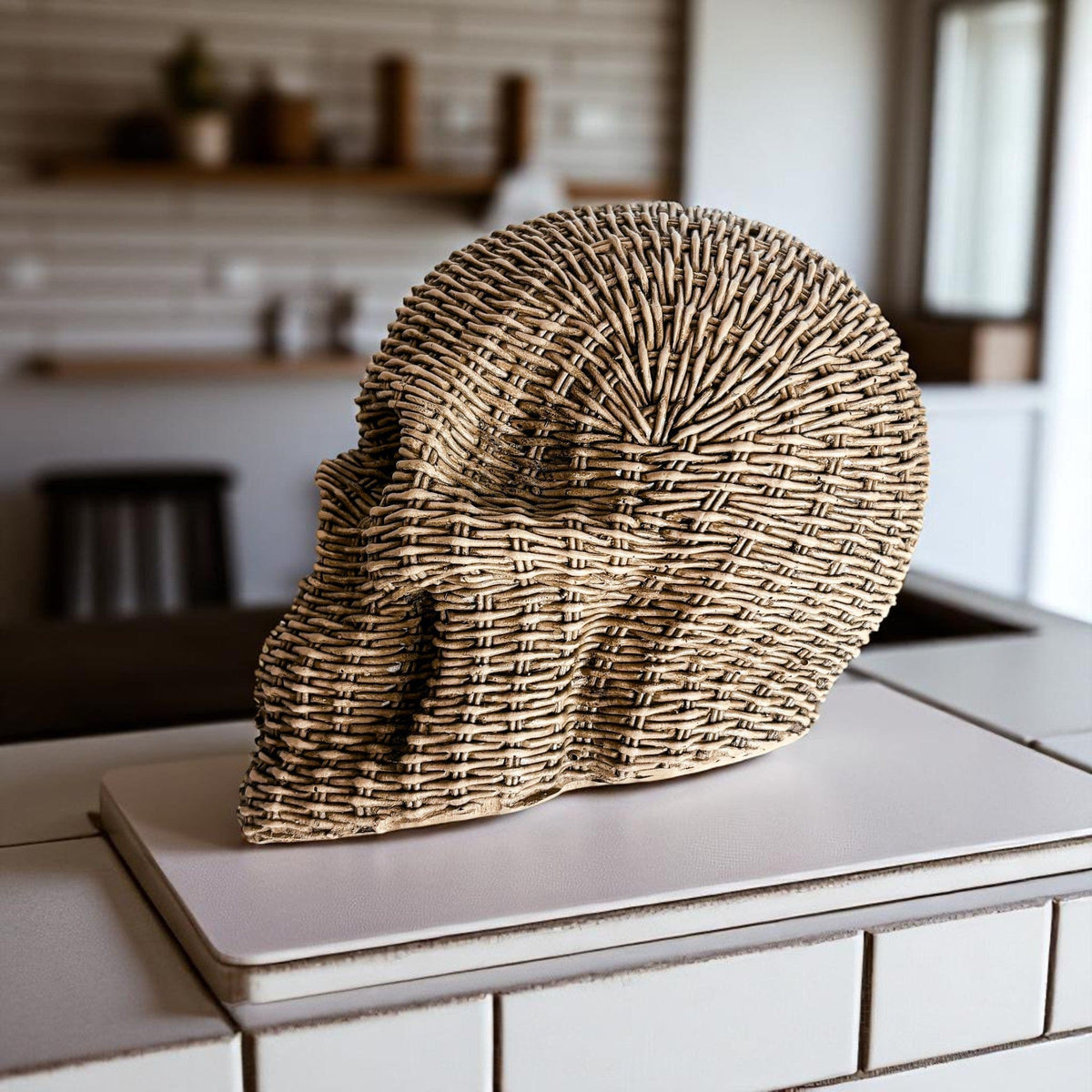 Gia Roma Basket Weave Statue Skull Me Rattan-Style Skull Decor – Natural & White Resin