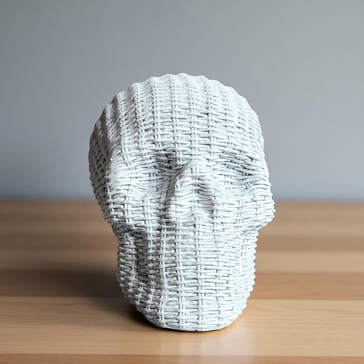 Gia Roma Basket Weave Statue Skull Me Rattan-Style Skull Decor – Natural & White Resin