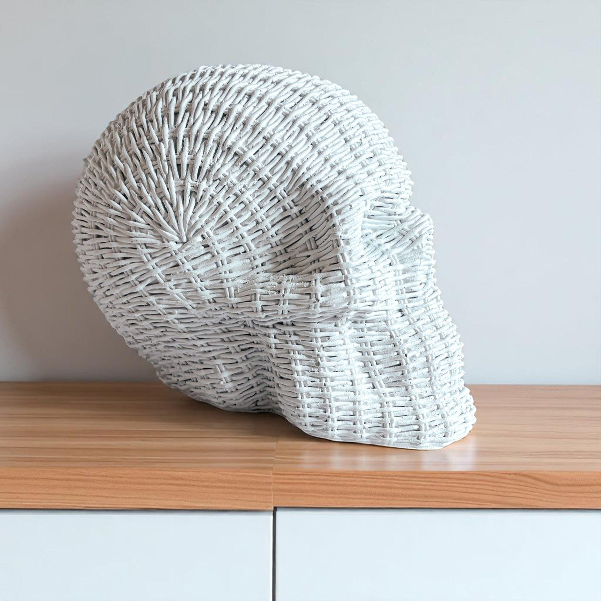 Gia Roma Basket Weave Statue Skull Me Rattan-Style Skull Decor – Natural & White Resin
