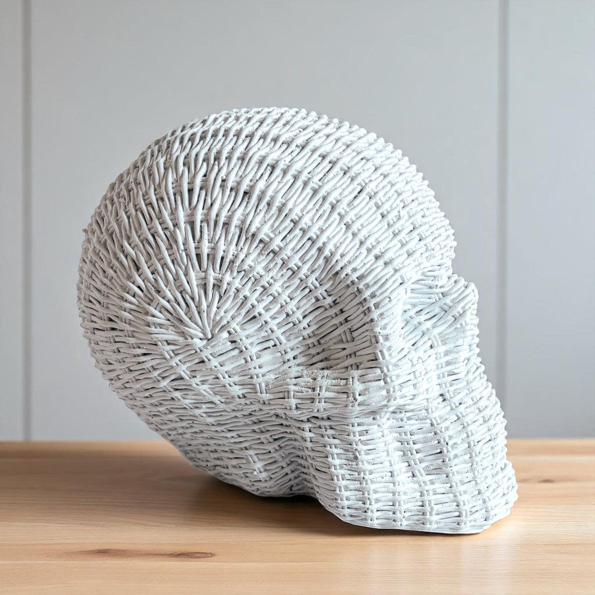 Gia Roma Basket Weave Statue Skull Me Rattan-Style Skull Decor – Natural & White Resin