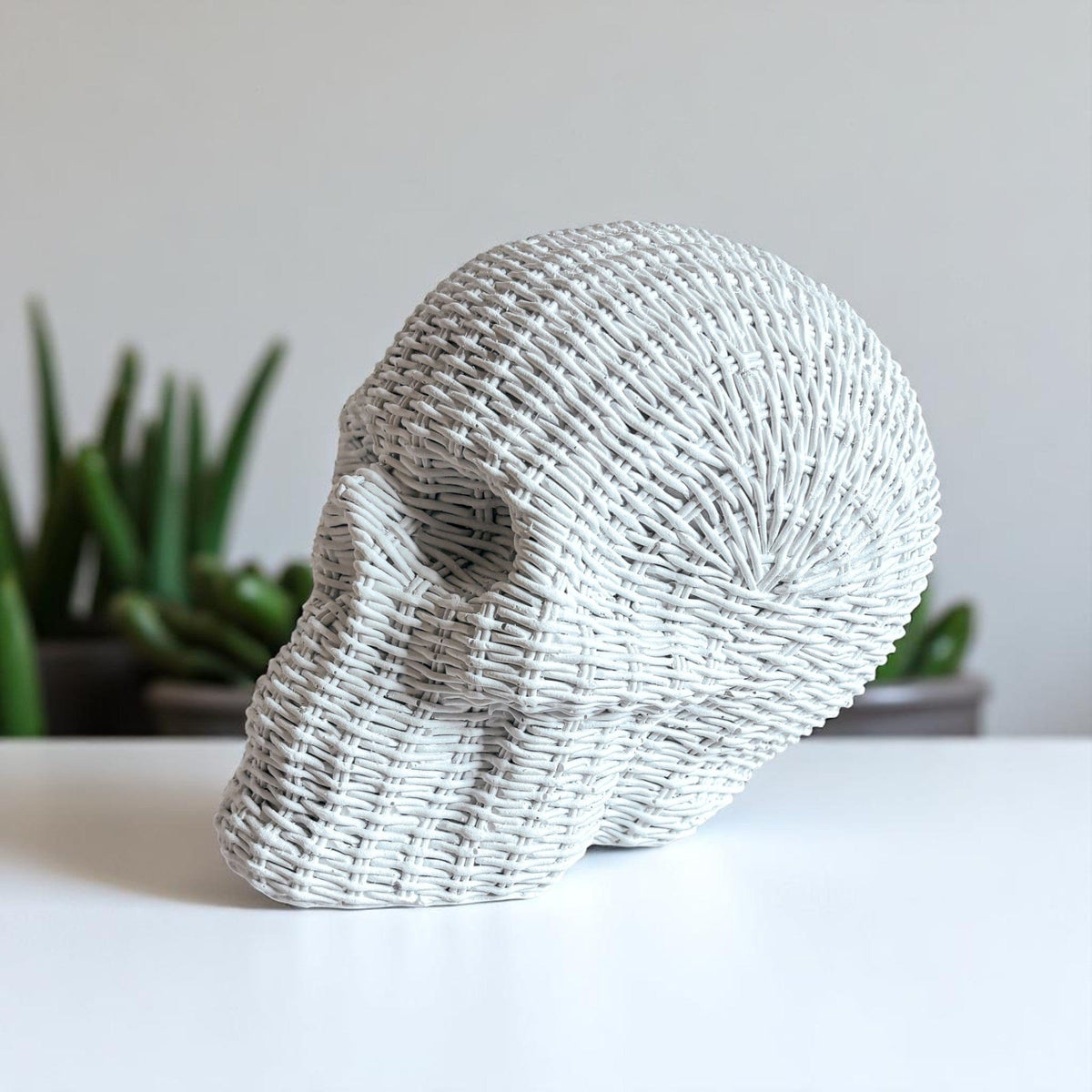 Gia Roma Basket Weave Statue Skull Me Rattan-Style Skull Decor – Natural & White Resin
