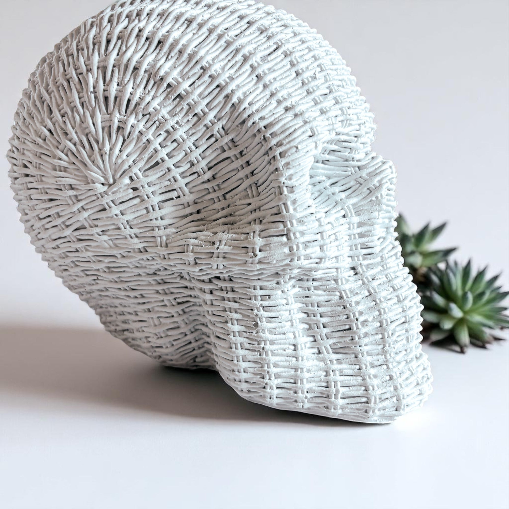 Skull Me Rattan-Style Skull Decor – Natural & White Resin