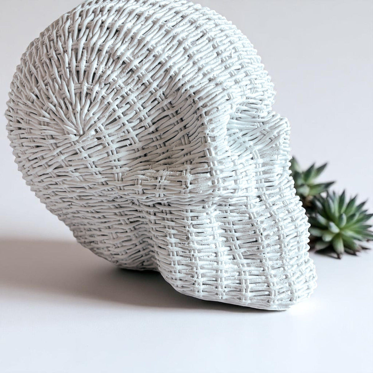 Gia Roma Basket Weave Statue Skull Me Rattan-Style Skull Decor – Natural & White Resin