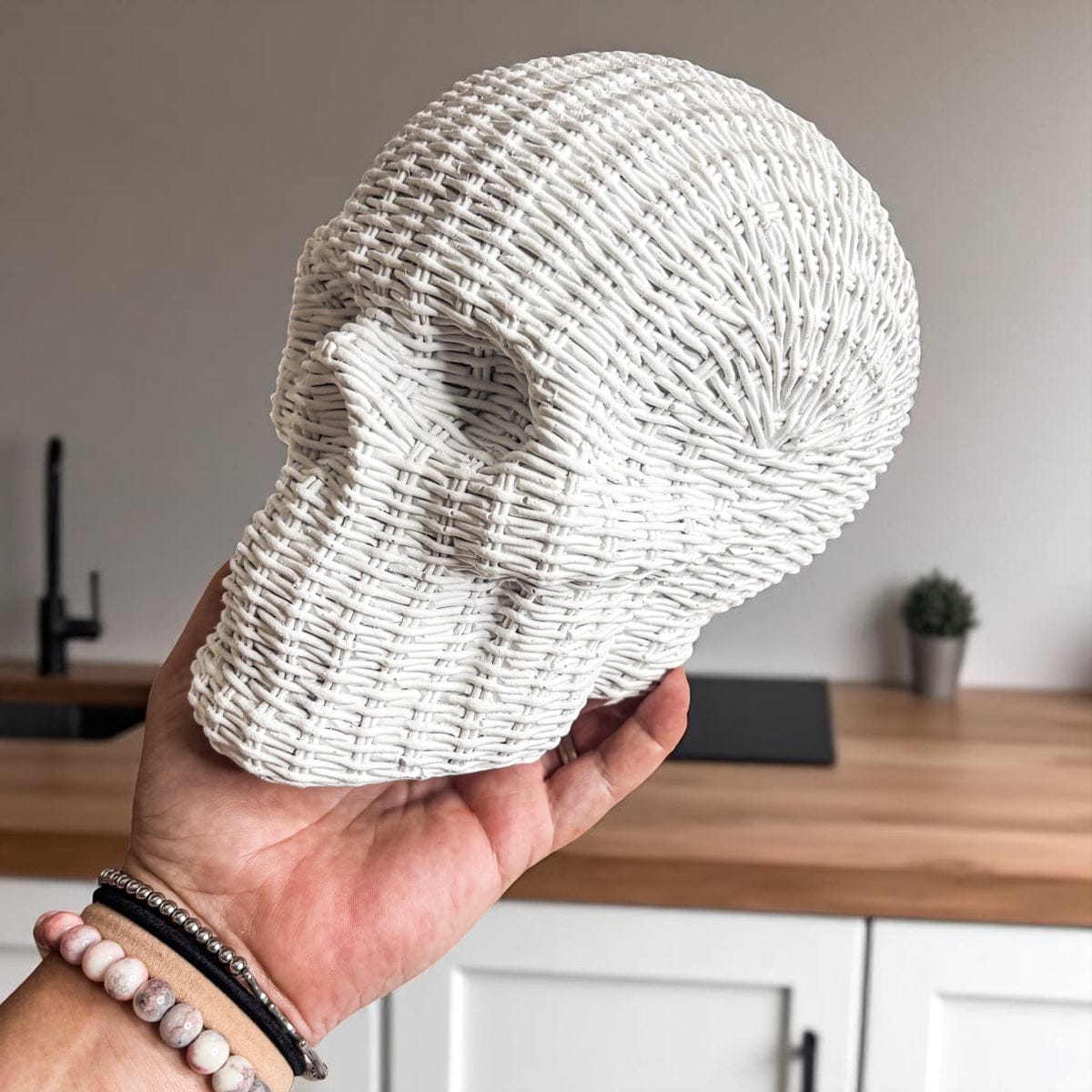 Gia Roma Basket Weave Statue Skull Me Rattan-Style Skull Decor – Natural & White Resin