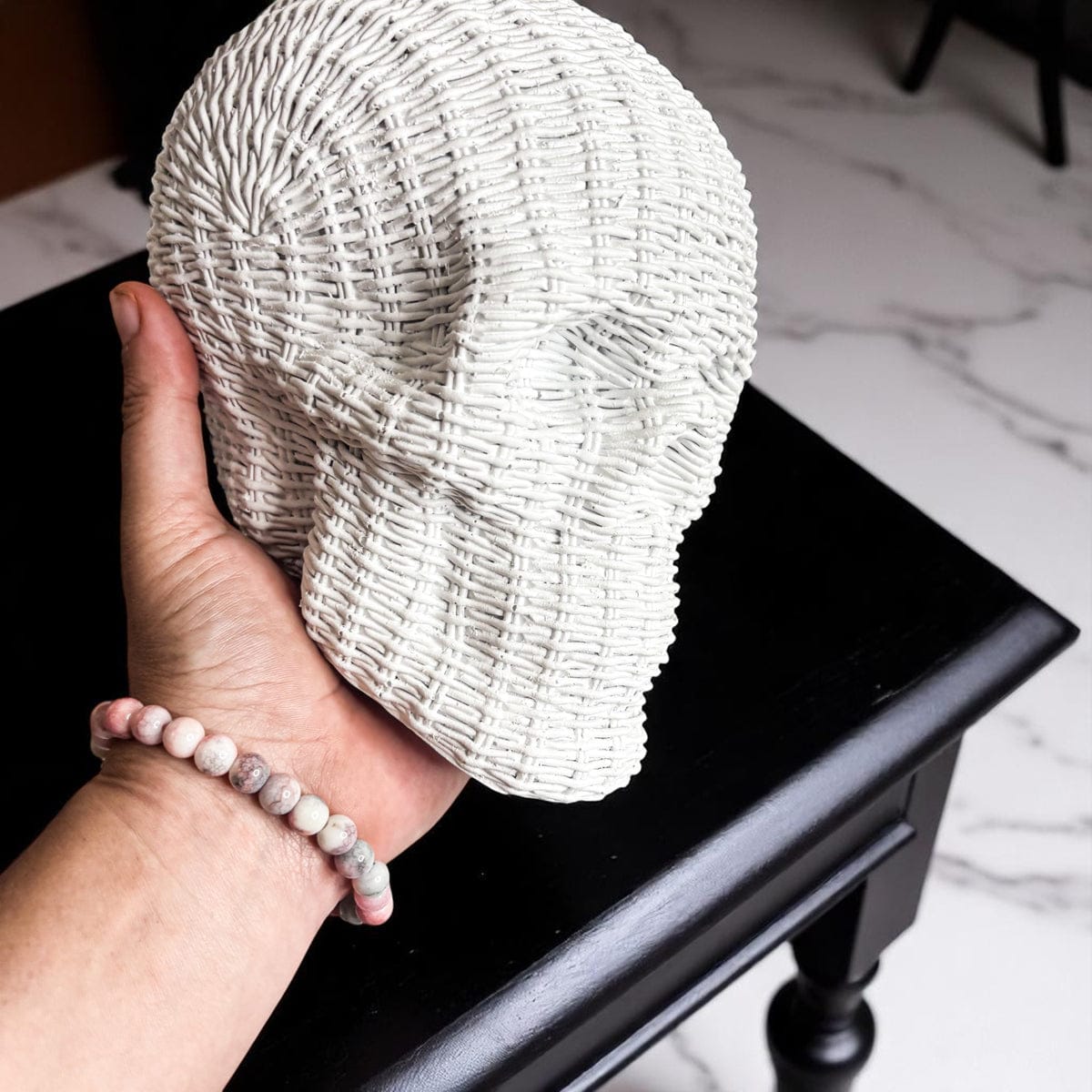 Gia Roma Basket Weave Statue Skull Me Rattan-Style Skull Decor – Natural & White Resin