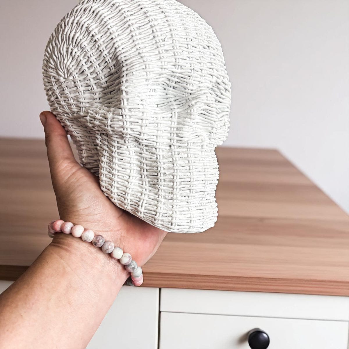 Skull Me Rattan-Style Skull Decor – Natural & White Resin - My American Goods