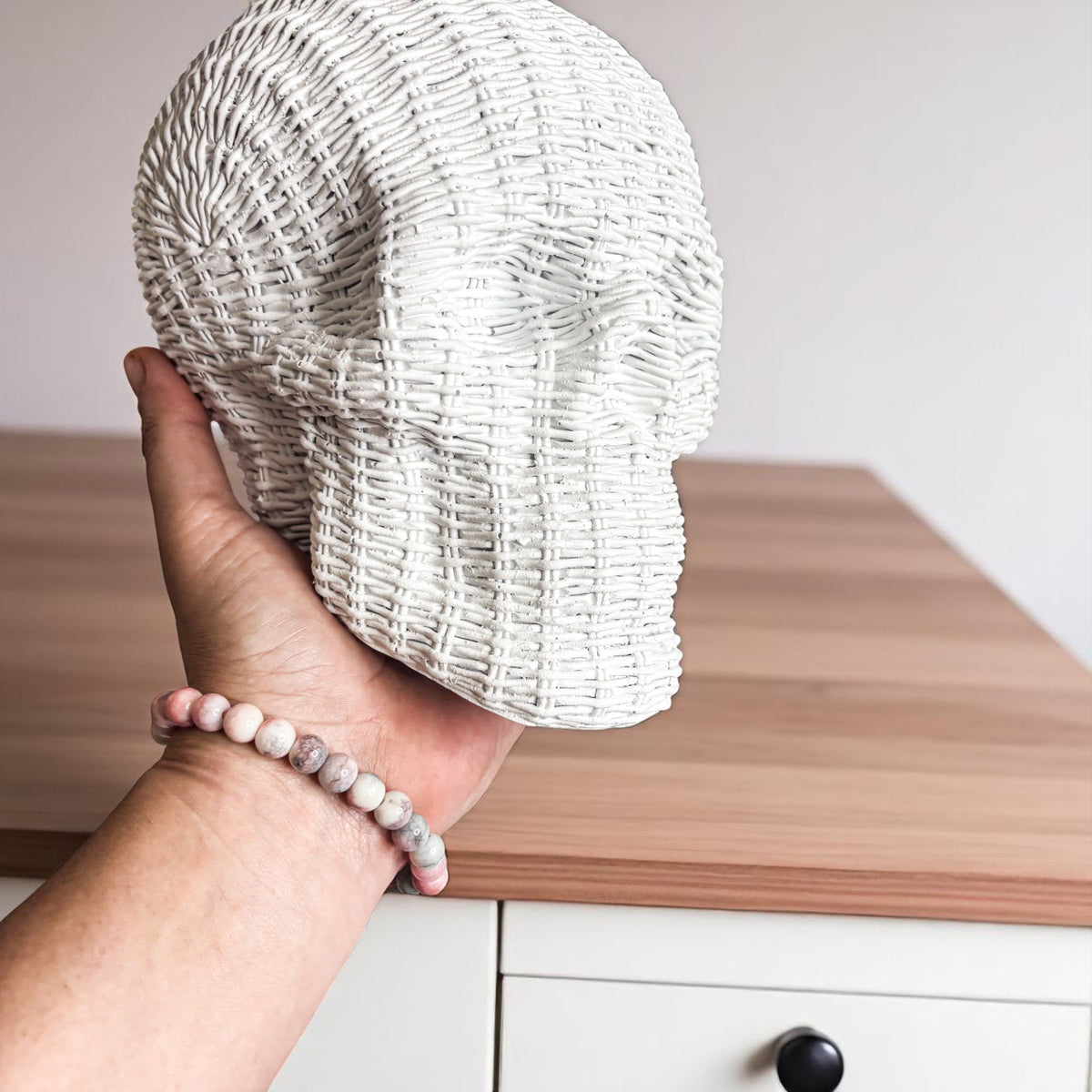 Gia Roma Basket Weave Statue Skull Me Rattan-Style Skull Decor – Natural & White Resin