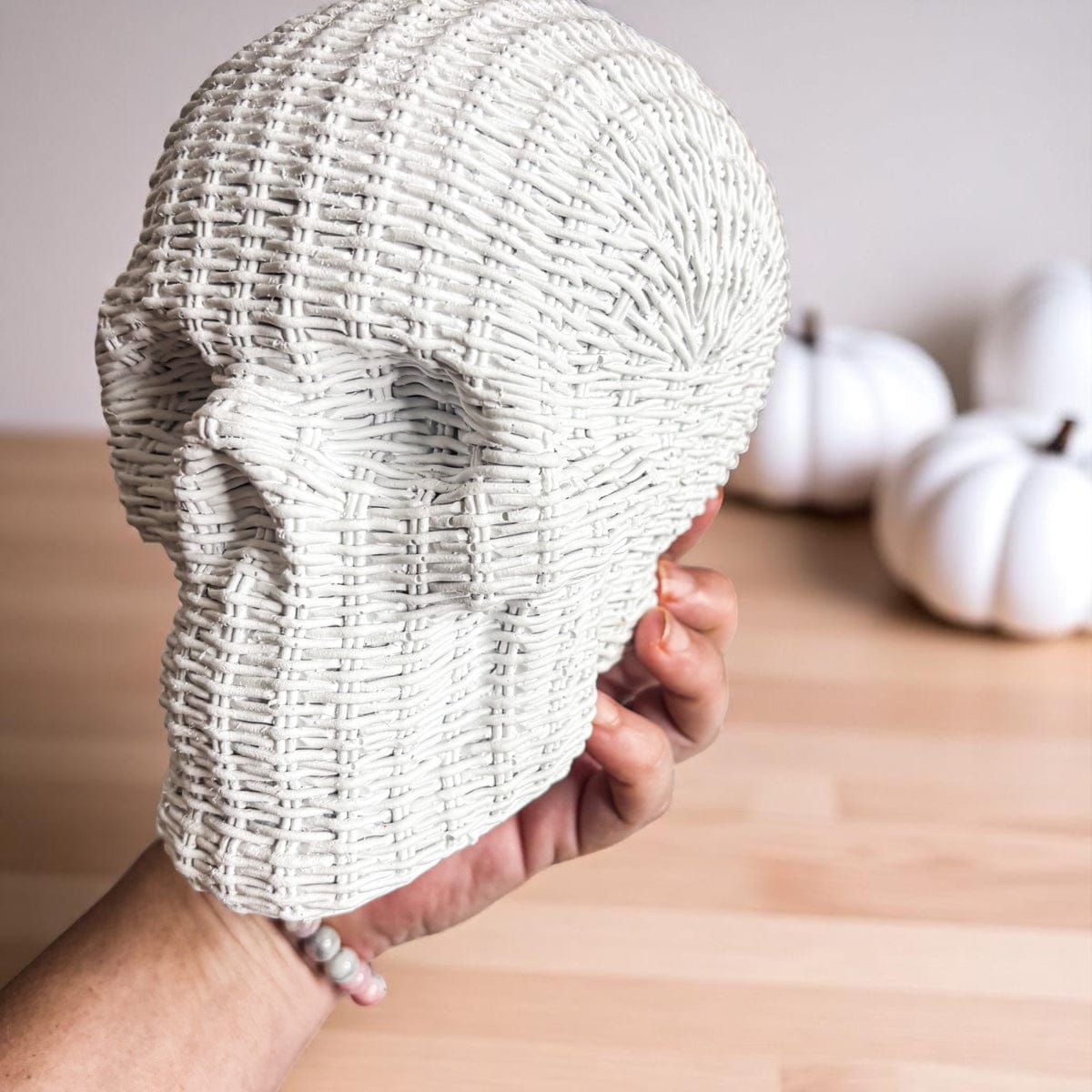 Gia Roma Basket Weave Statue Skull Me Rattan-Style Skull Decor – Natural & White Resin