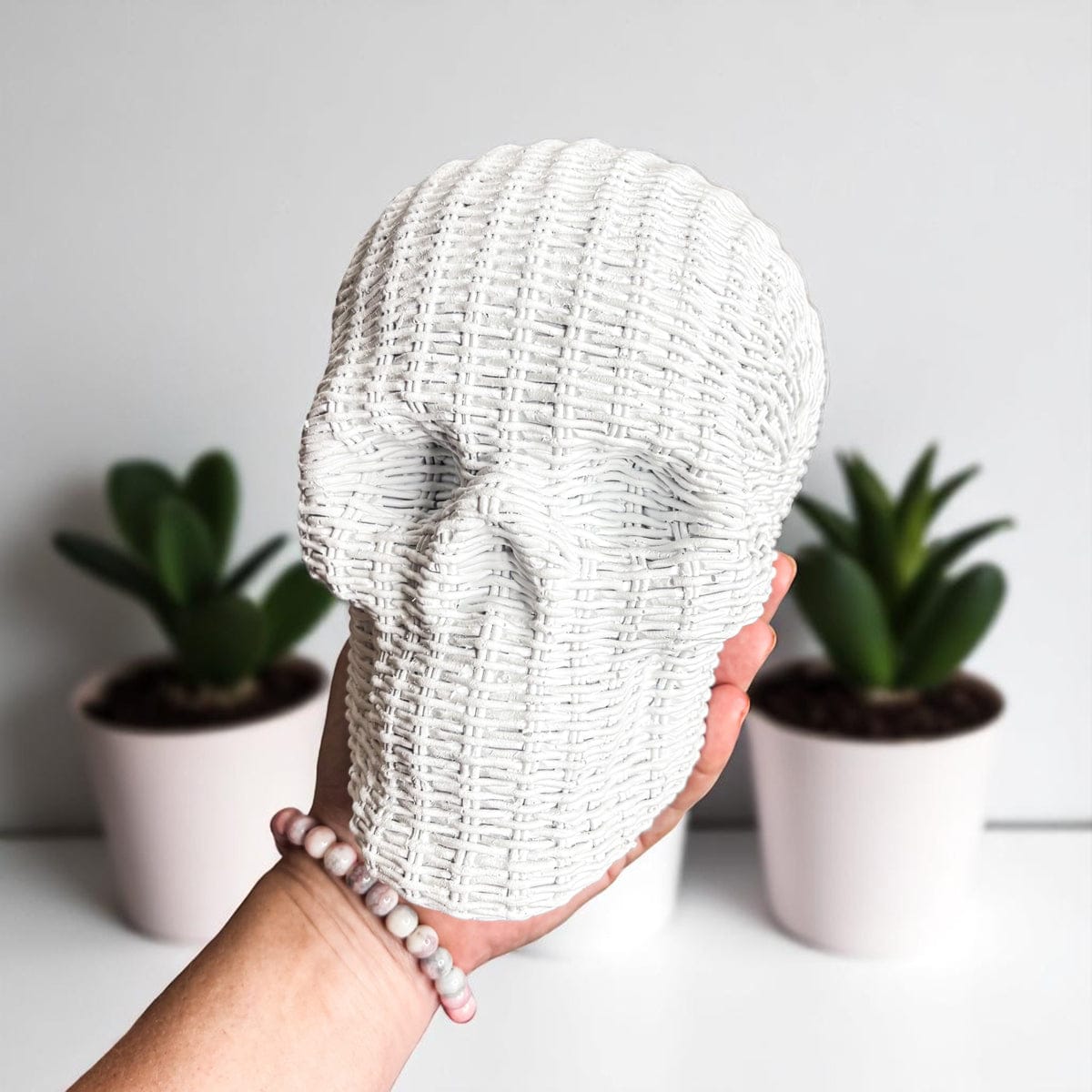 Gia Roma Basket Weave Statue Skull Me Rattan-Style Skull Decor – Natural & White Resin