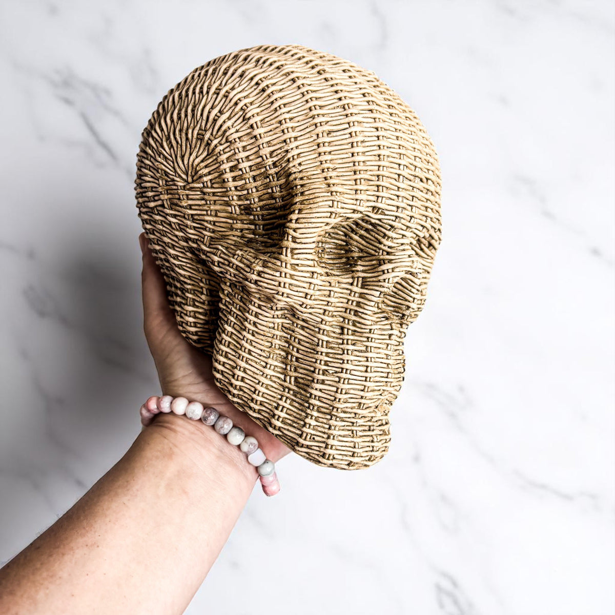 Gia Roma Basket Weave Statue Skull Me Rattan-Style Skull Decor – Natural & White Resin