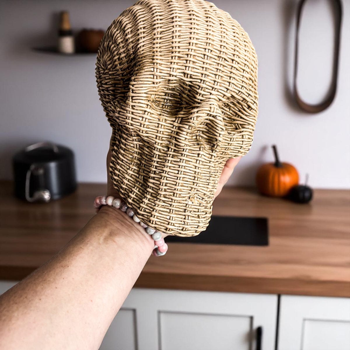 Gia Roma Basket Weave Statue Skull Me Rattan-Style Skull Decor – Natural & White Resin