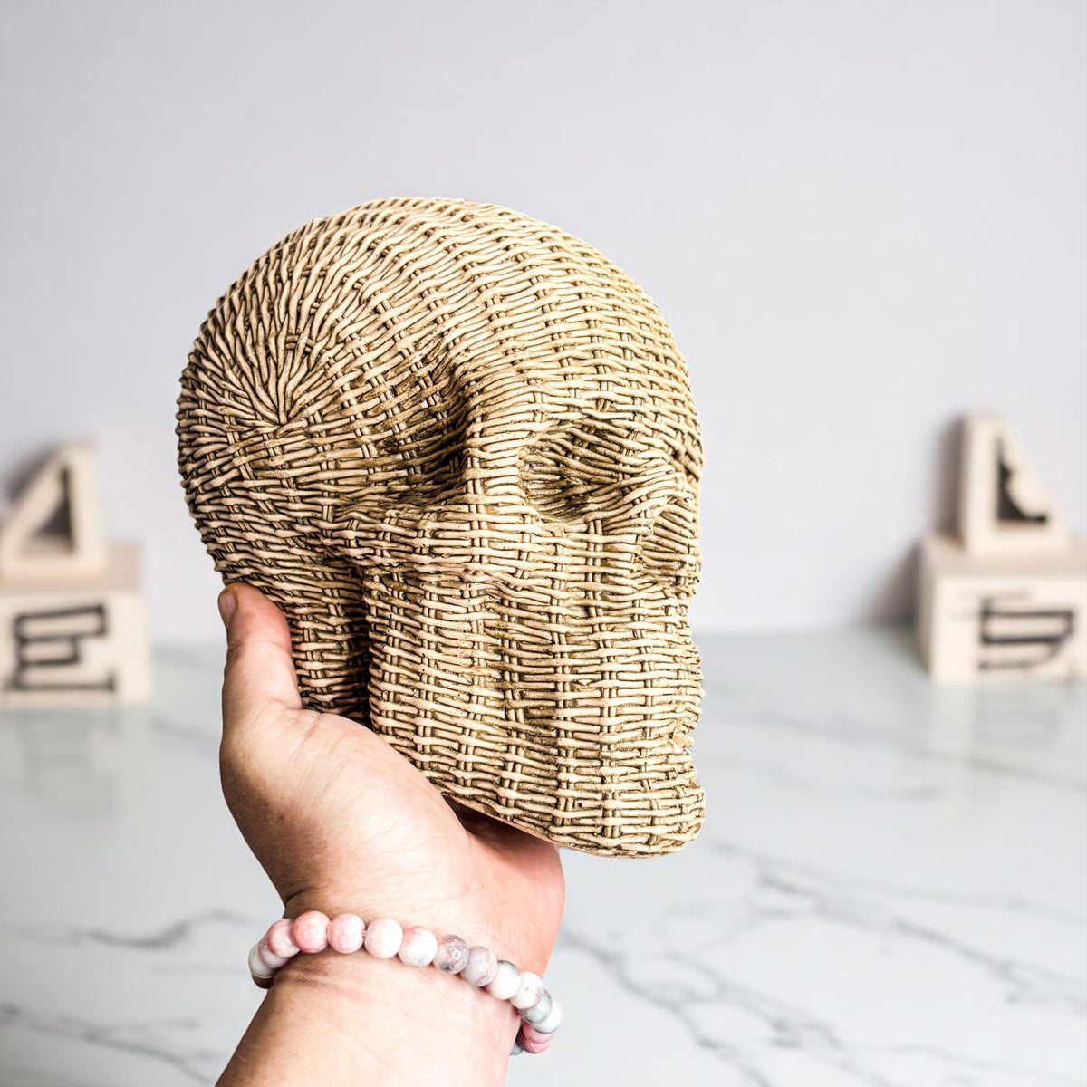 Skull Me Rattan-Style Skull Decor – Natural & White Resin