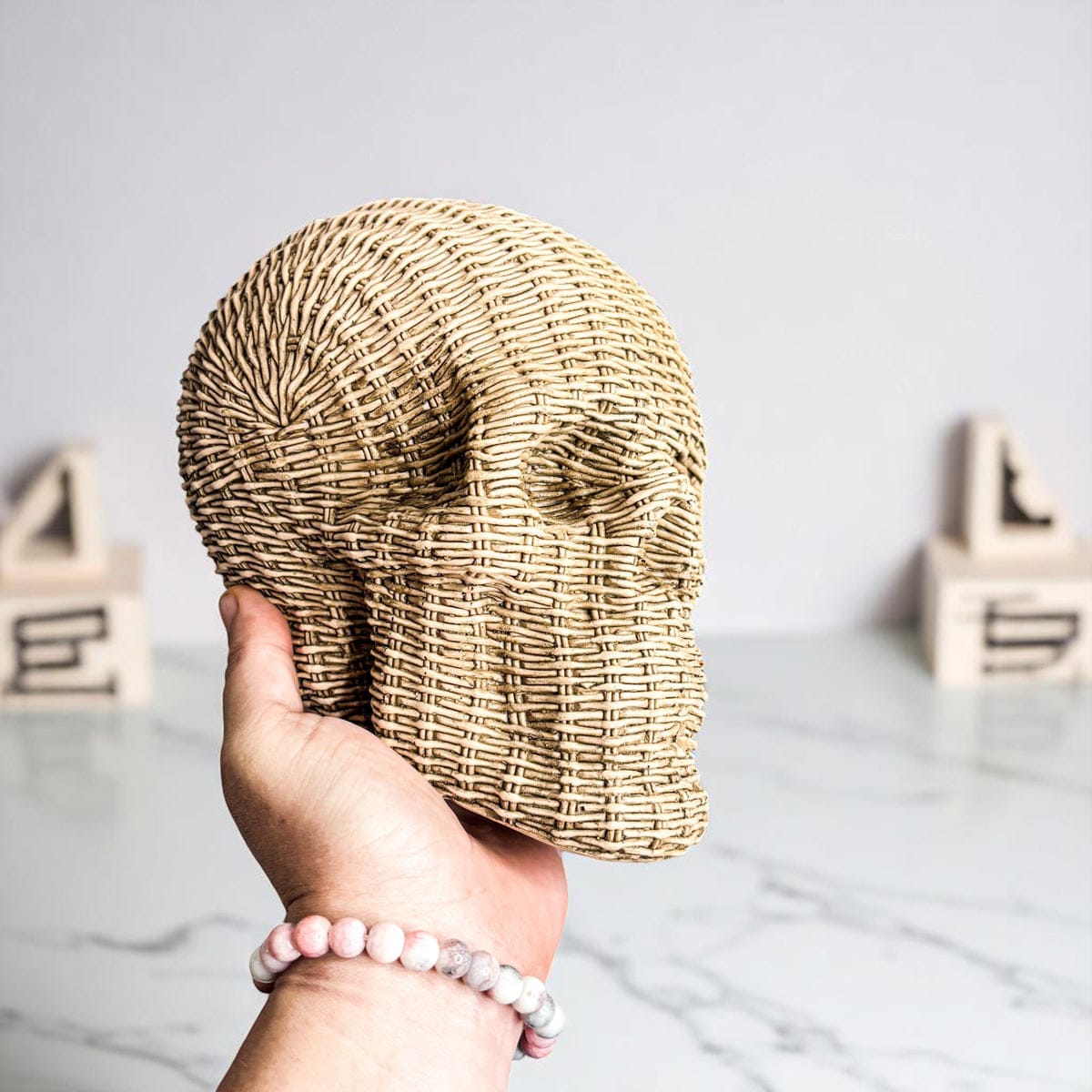 Gia Roma Basket Weave Statue Skull Me Rattan-Style Skull Decor – Natural & White Resin